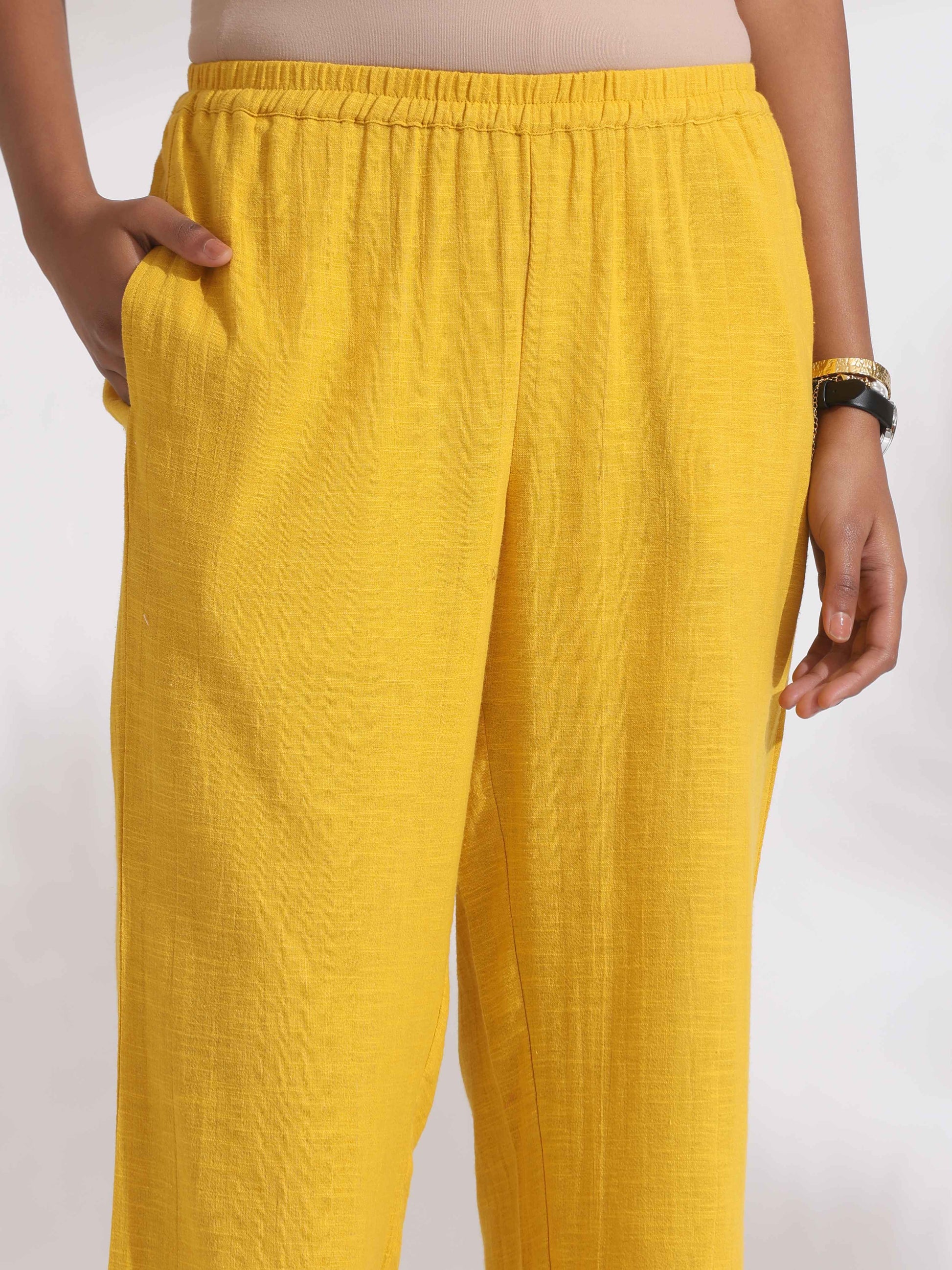 trueBrowns Yellow Cotton Slub Embroidered Straight Kurta Set | Swadesiicart