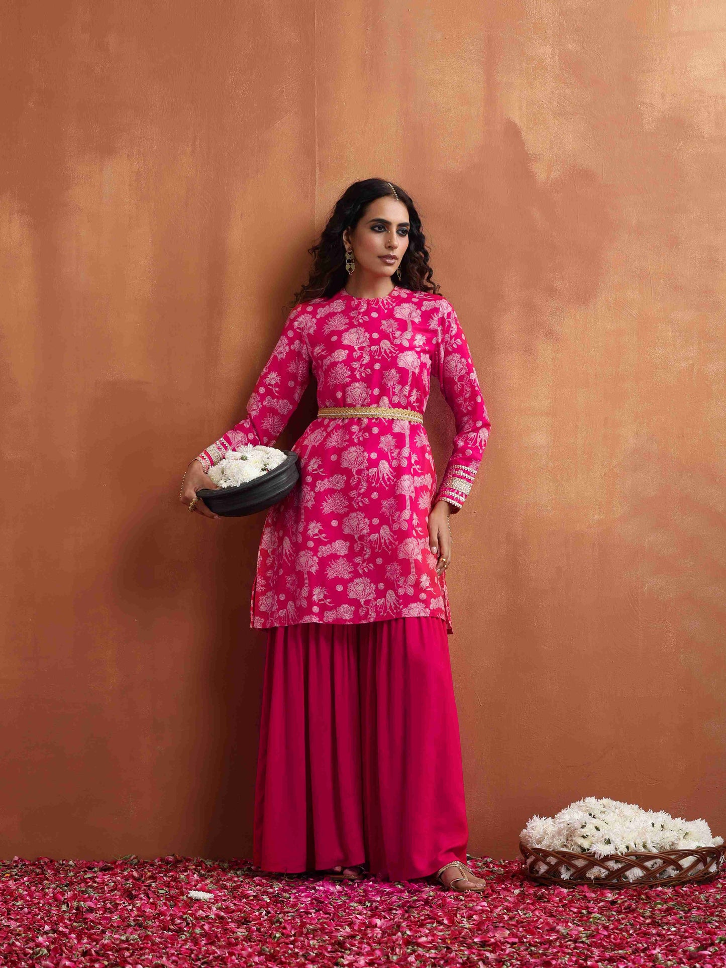 trueBrowns Red Print Sharara Set | Swadesiicart