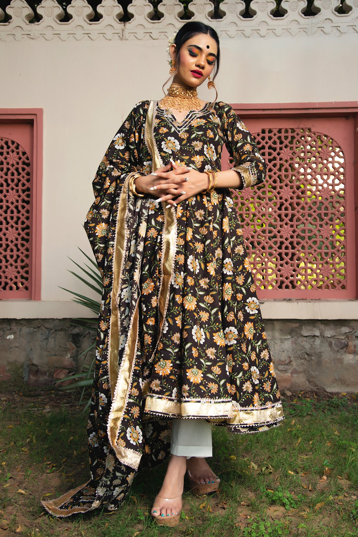 Pomcha Jaipur Roop Rang Hand Block Anarkali Set | Swadesiicart