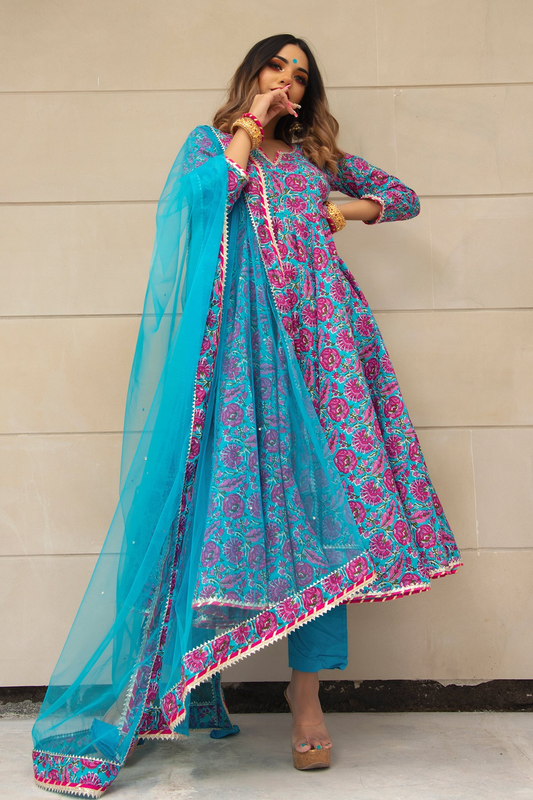 Pomcha Jaipur Chitra Hand Block Cotton Anarkali Set | Swadesiicart