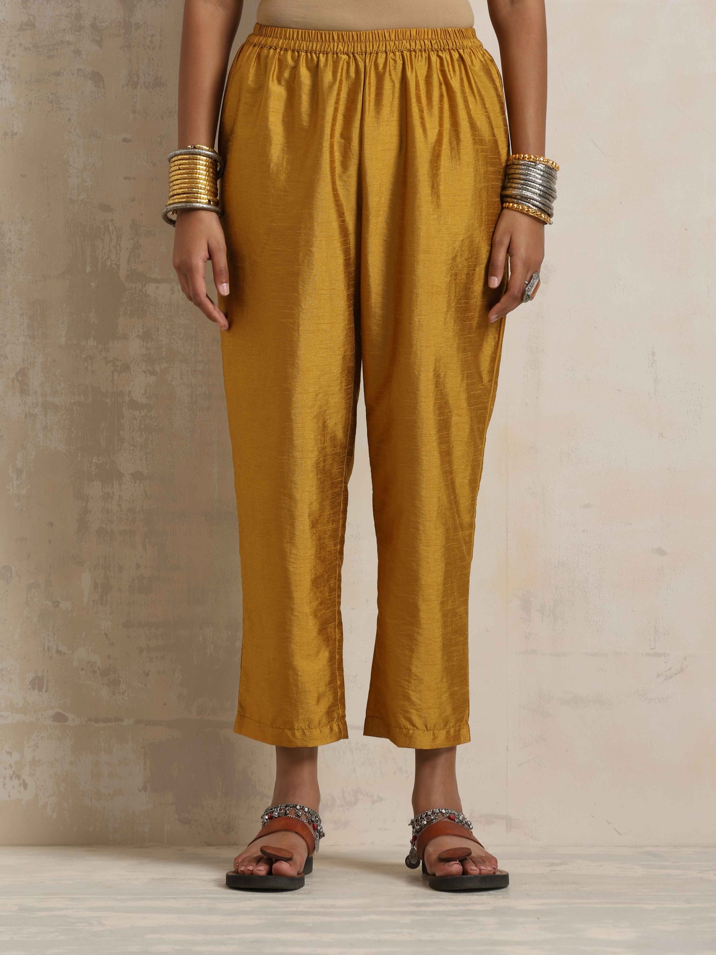 trueBrowns Gold Orange Silk A-line Kurta Set | Swadesiicart