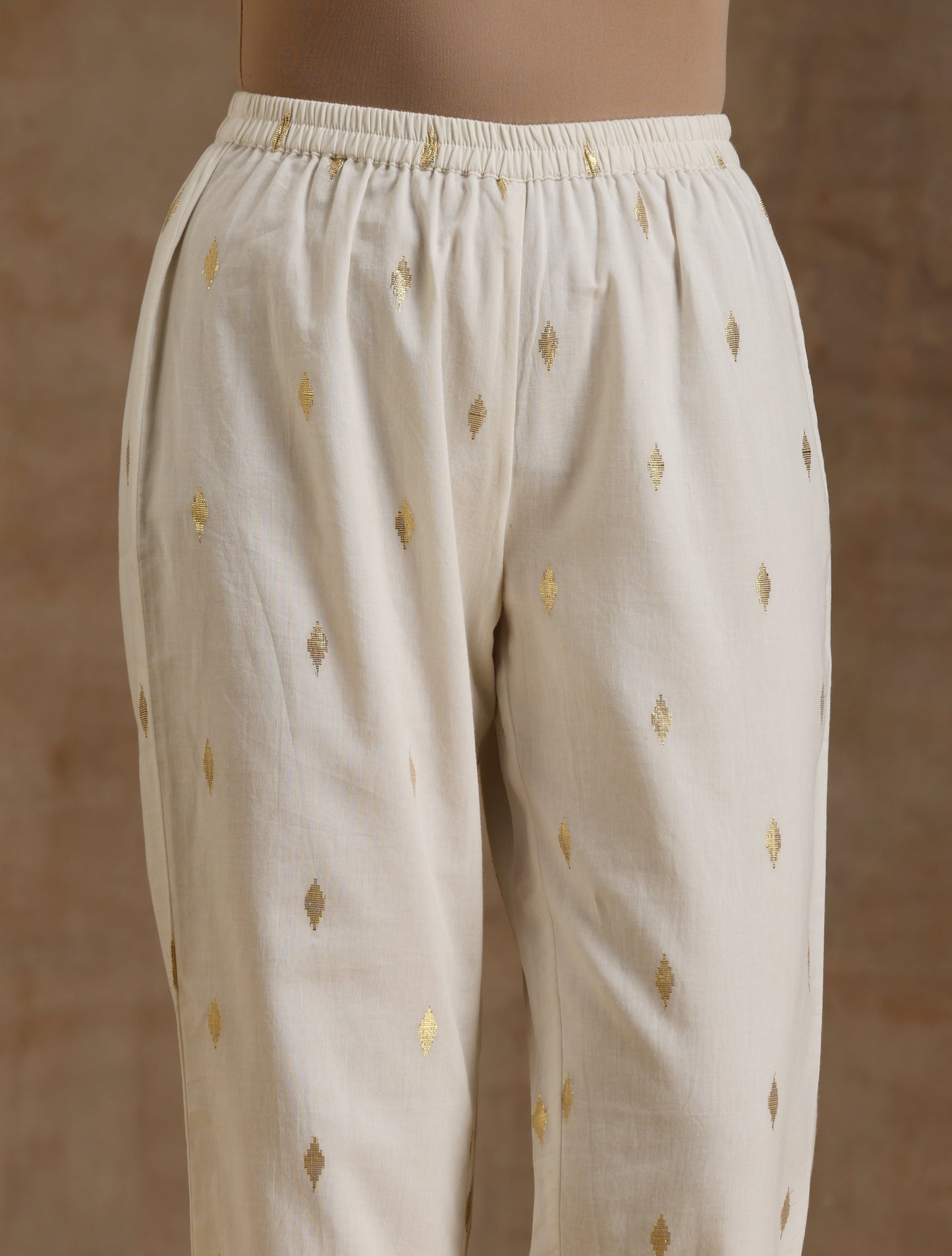 trueBrowns Ivory Gold Cotton Flared Co-Ord Set - Swadesiicart