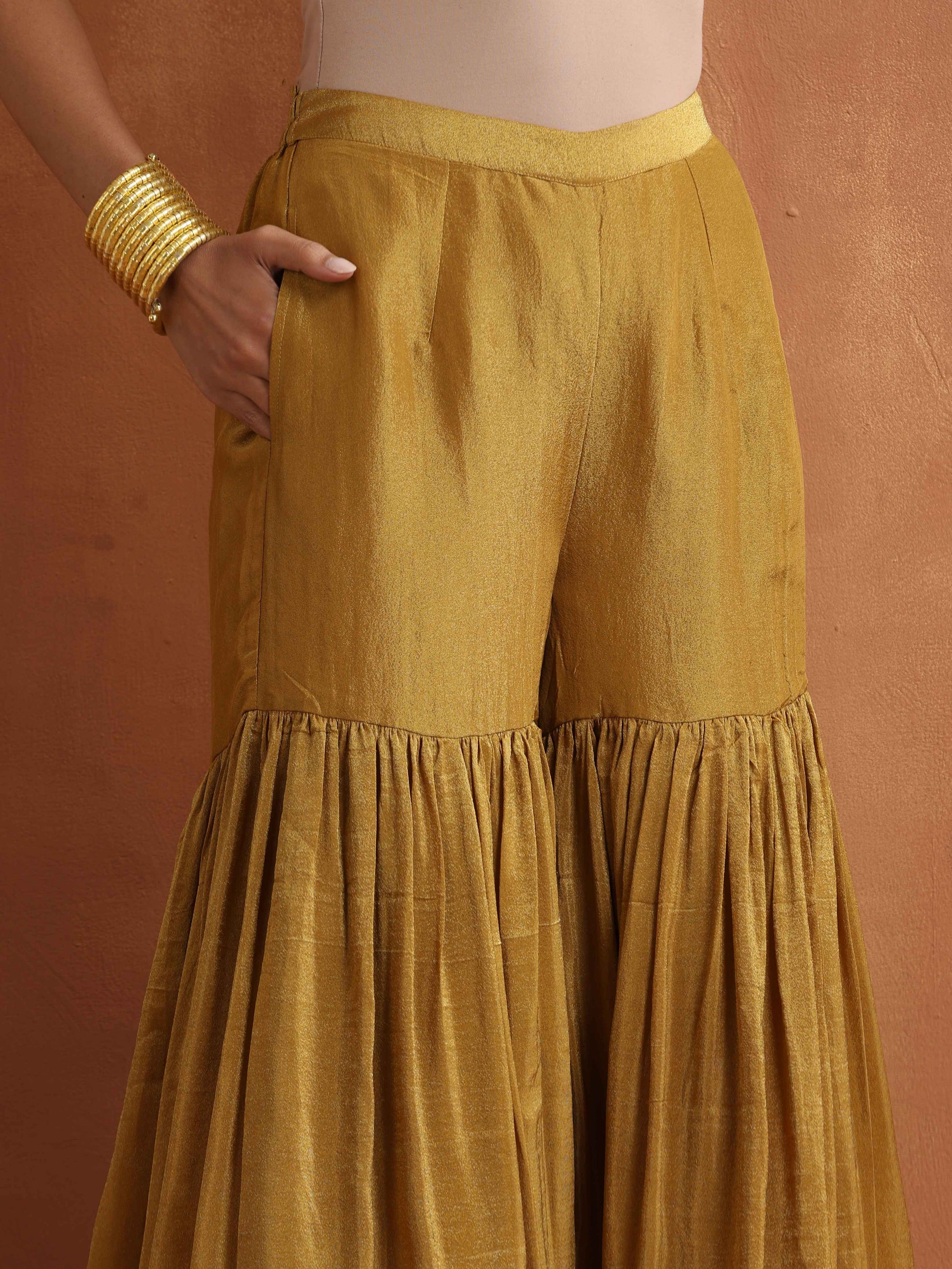 trueBrowns Gold Tissue Sharara Dupatta Set | Swadesiicart