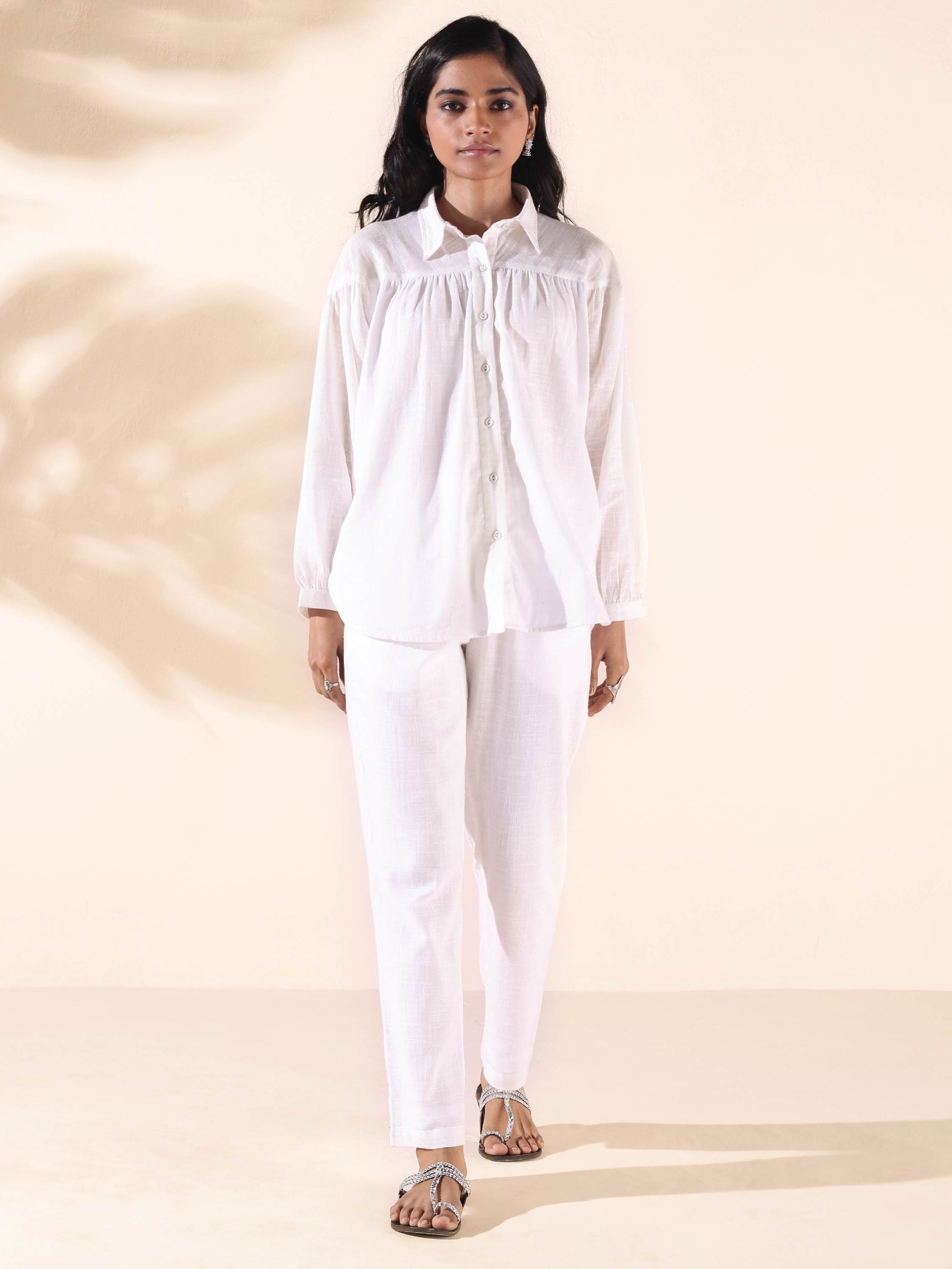 trueBrowns White Cotton Shirt Co-ord Set - Swadesiicart