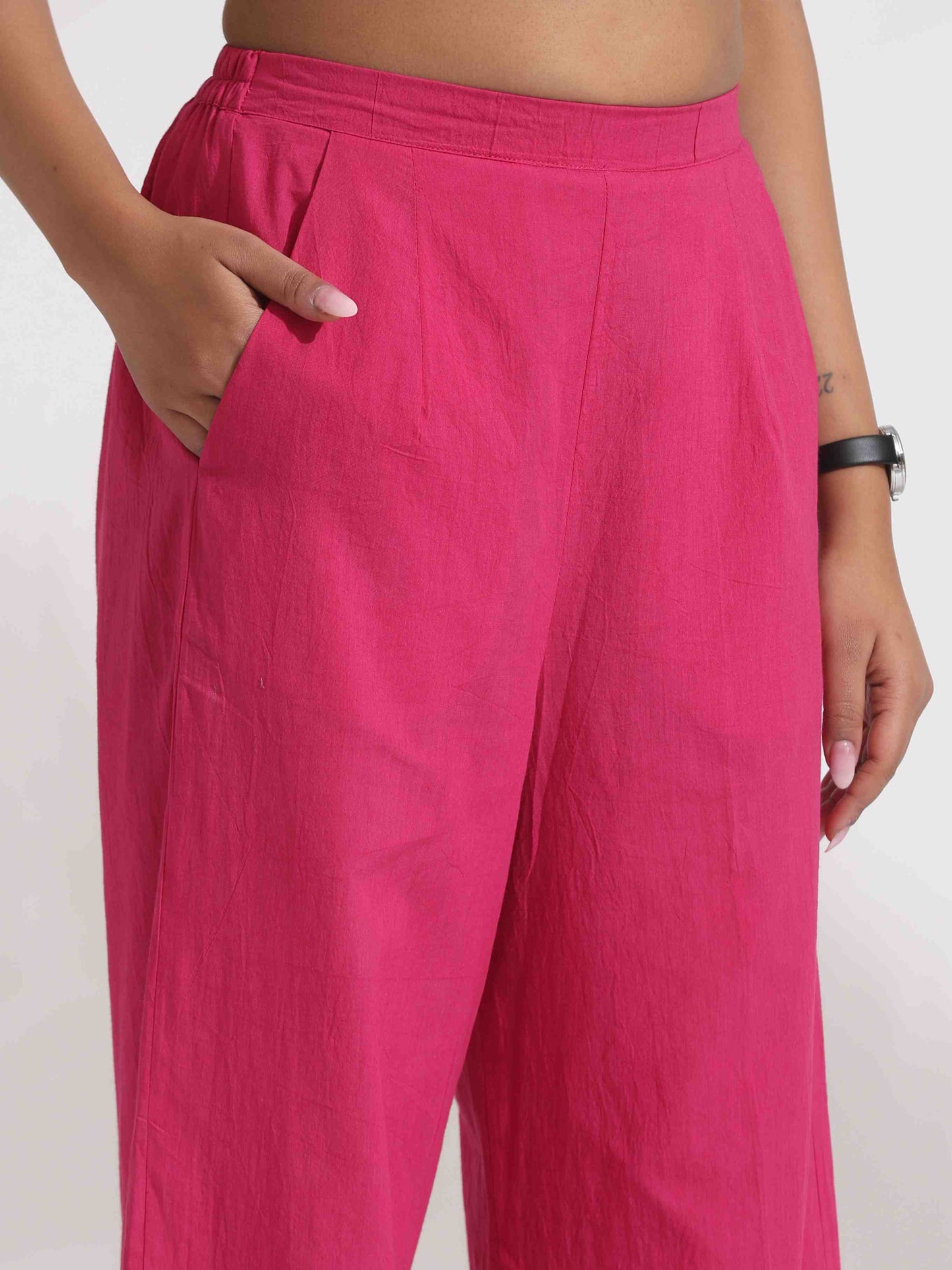 trueBrowns Pink Cotton Print Flared Top Co-ord Set - Swadesiicart