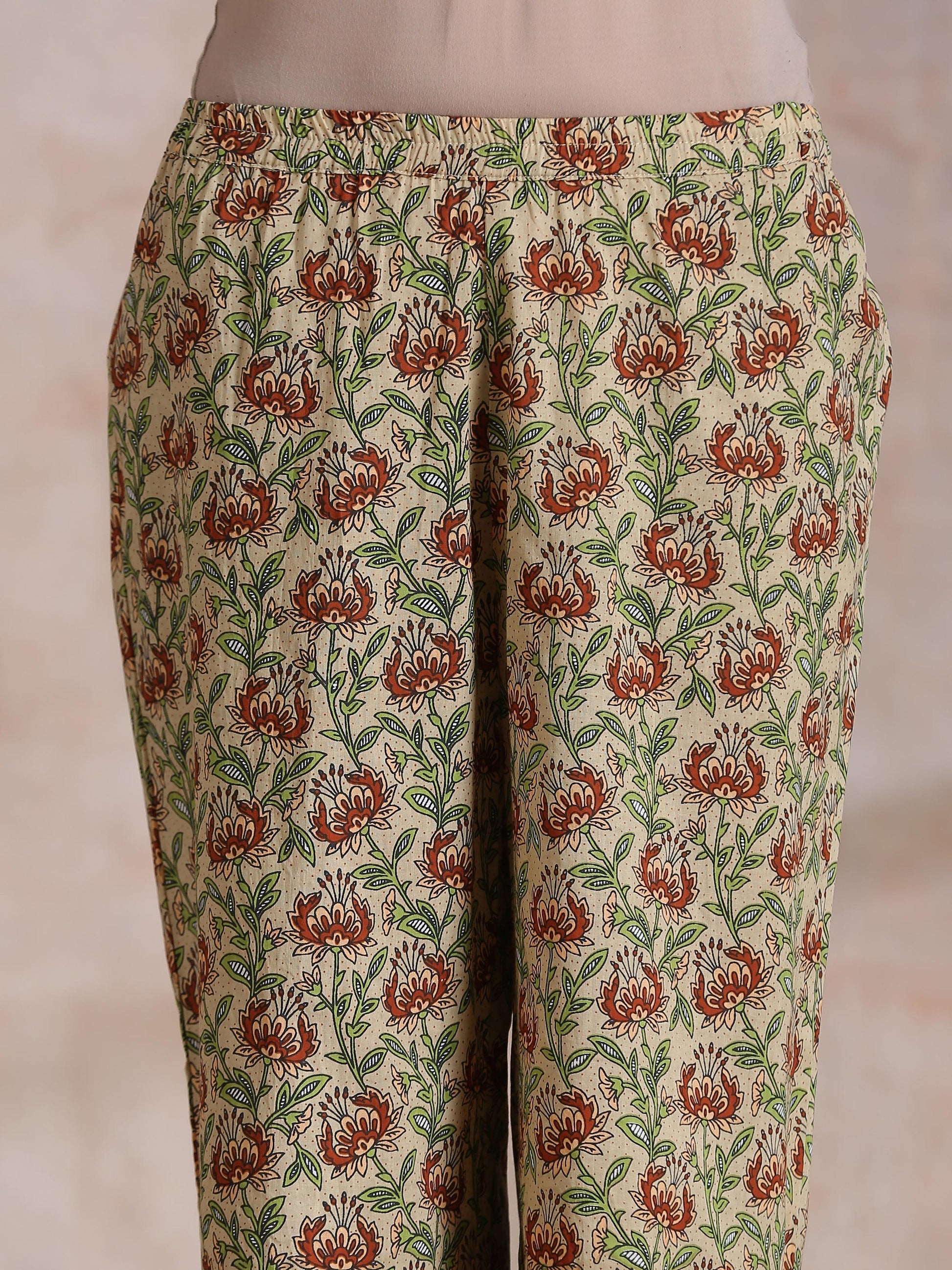 trueBrowns Beige Overall Brown Floral Block Print Cotton High-Low Co-Ord Set - Swadesiicart