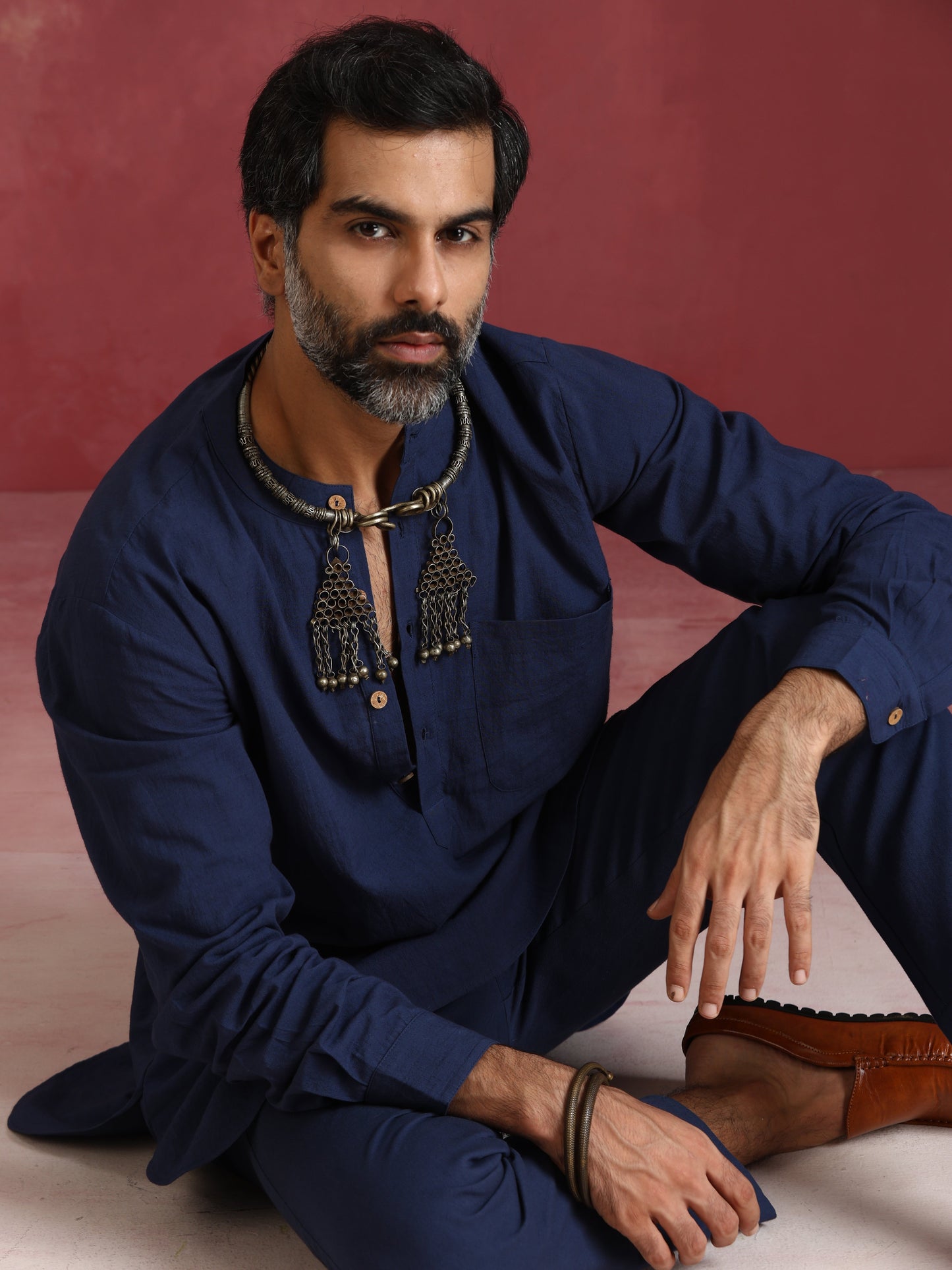 trueBrowns Men's Navy Cotton Mandarin Collar Kurta Co-ord set - Swadesiicart