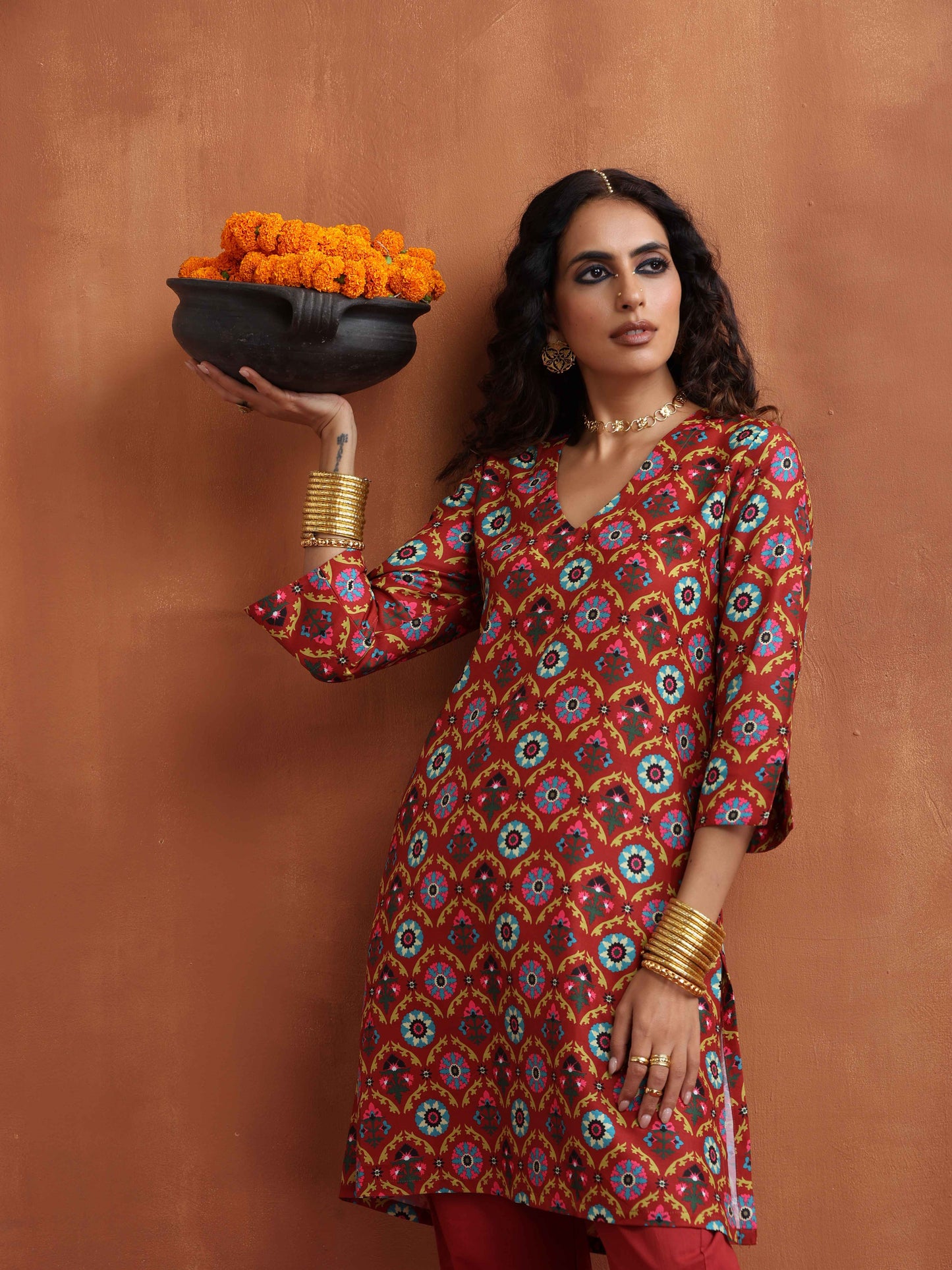 trueBrowns Rust Print Kurta Co-ord Set - Swadesiicart