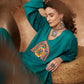 InWeave Women's Teal Trangle Yellow Patch Work Assymentrical Kurta Set - Swadesiicart