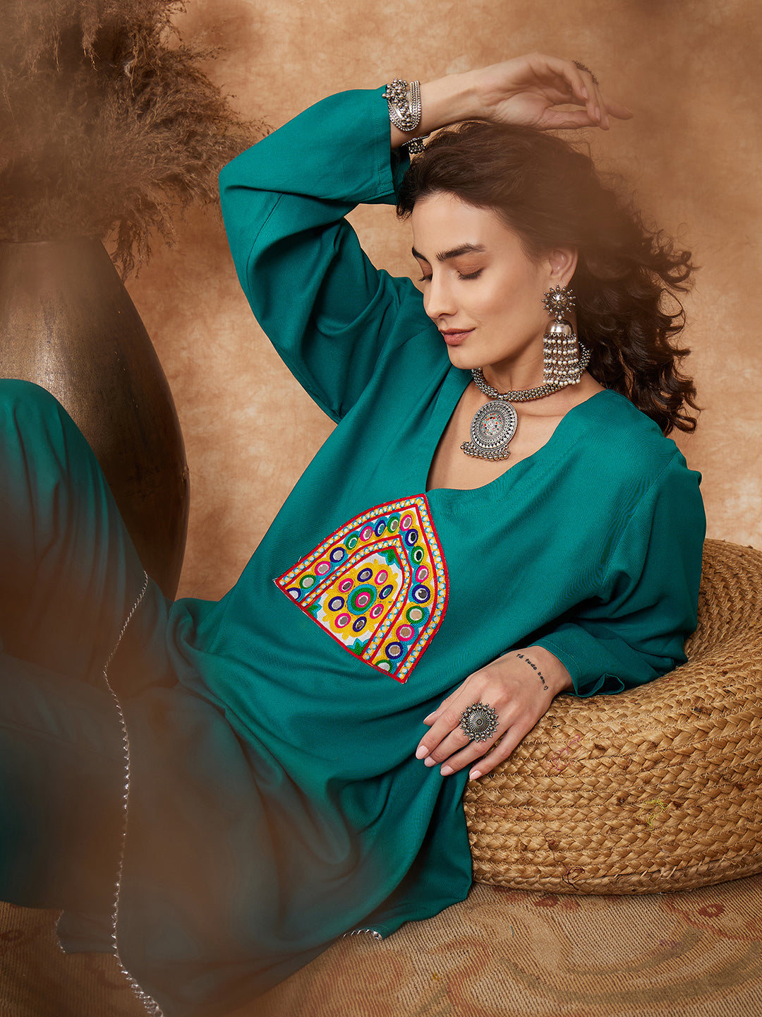 InWeave Women's Teal Trangle Yellow Patch Work Assymentrical Kurta Set - Swadesiicart