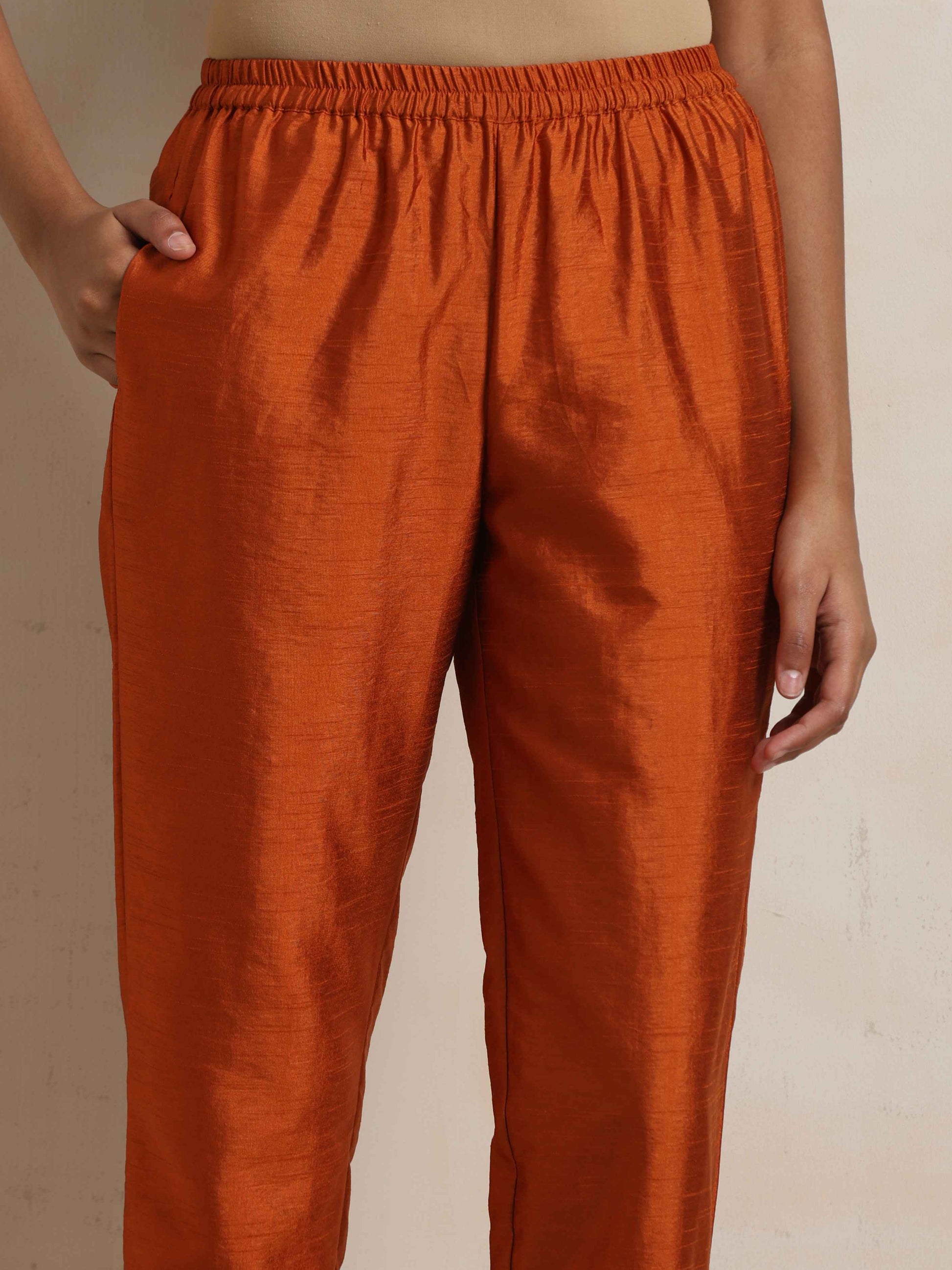 trueBrowns Orange Silk Kurta Co-ord Set - Swadesiicart