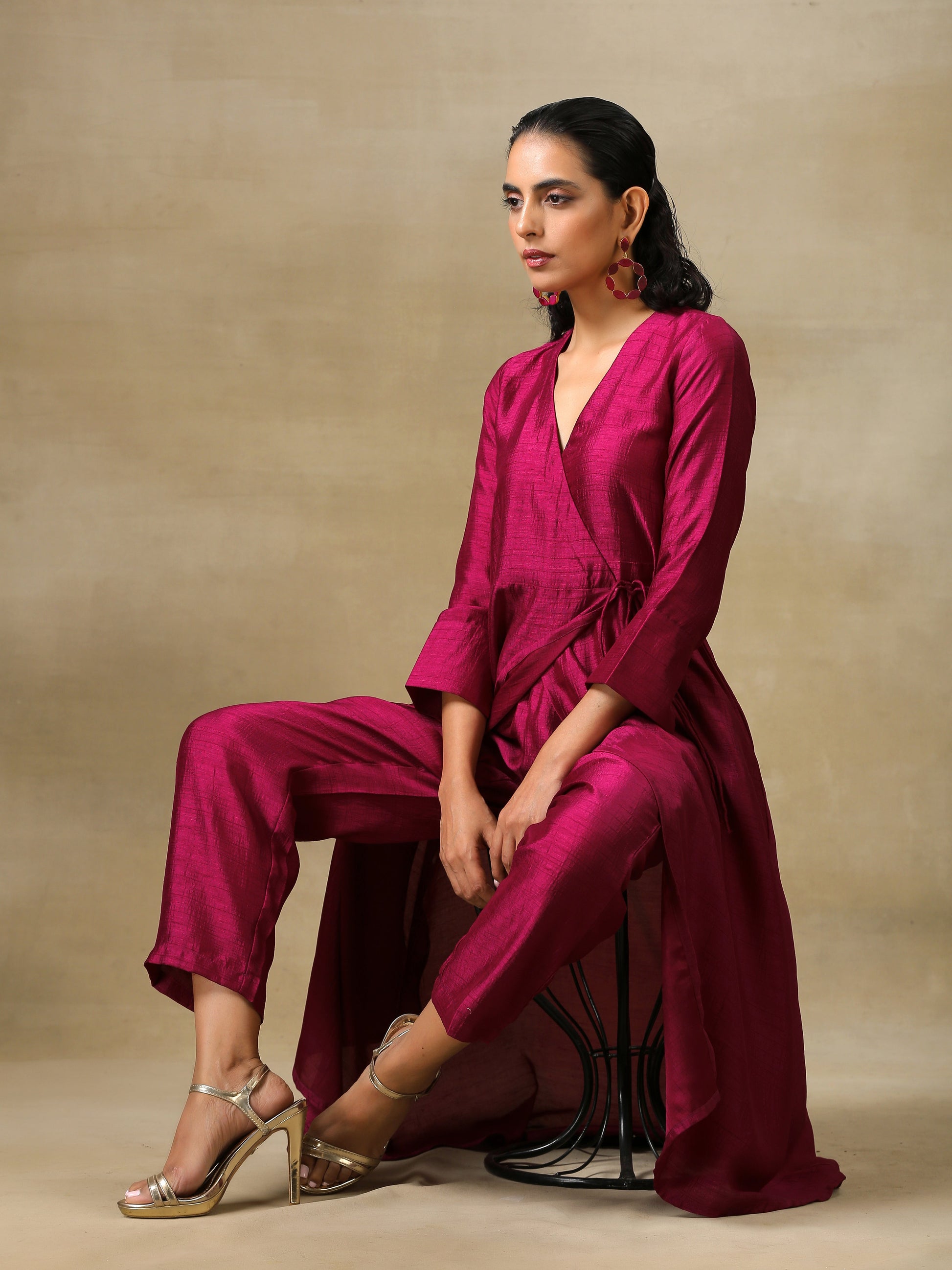 trueBrowns Purple Textured Silk Angrakha Kurta Pant Set | Swadesiicart