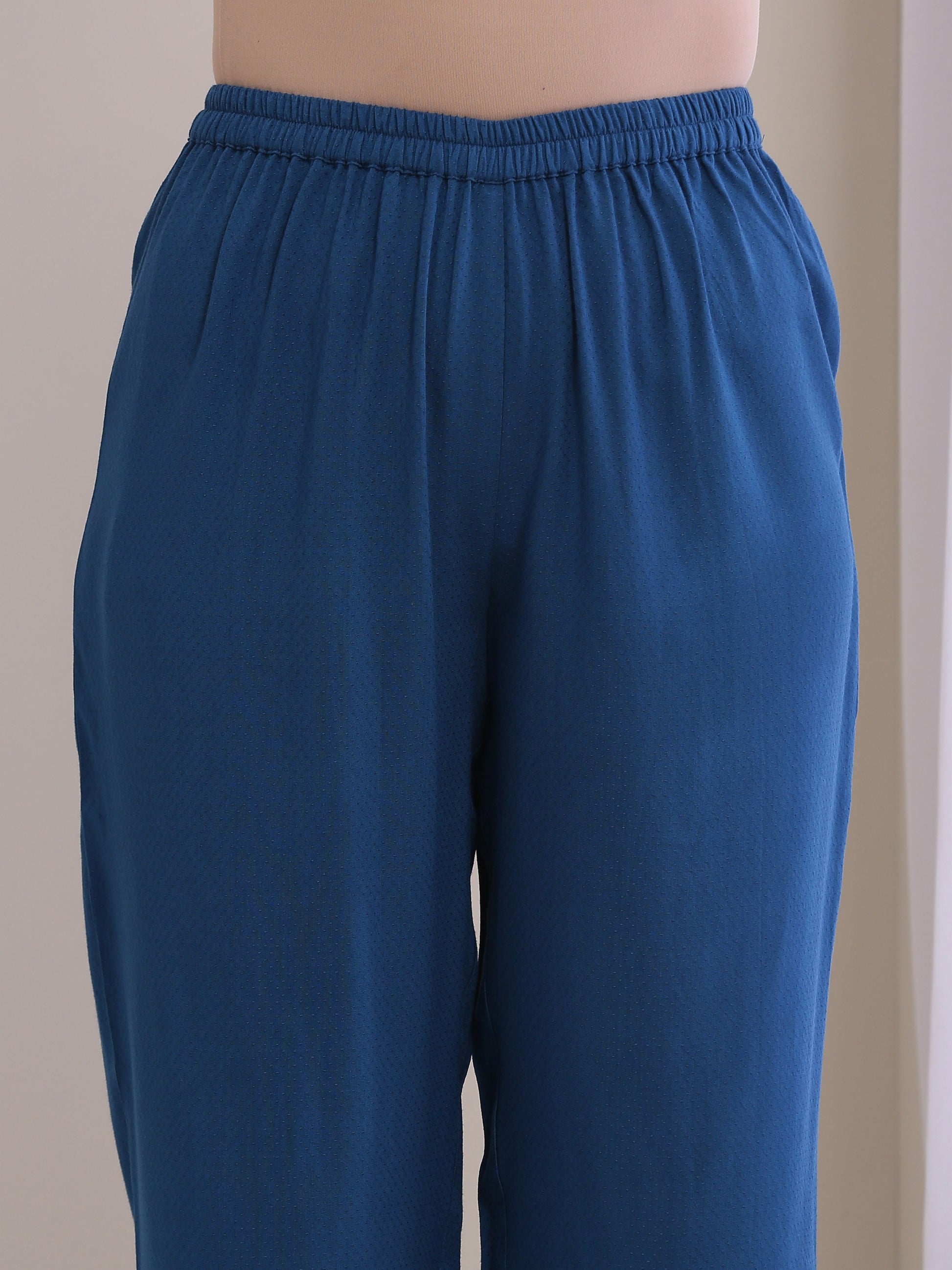 trueBrowns Classic Blue Dobby Pleated Co-Ord Set - Swadesiicart