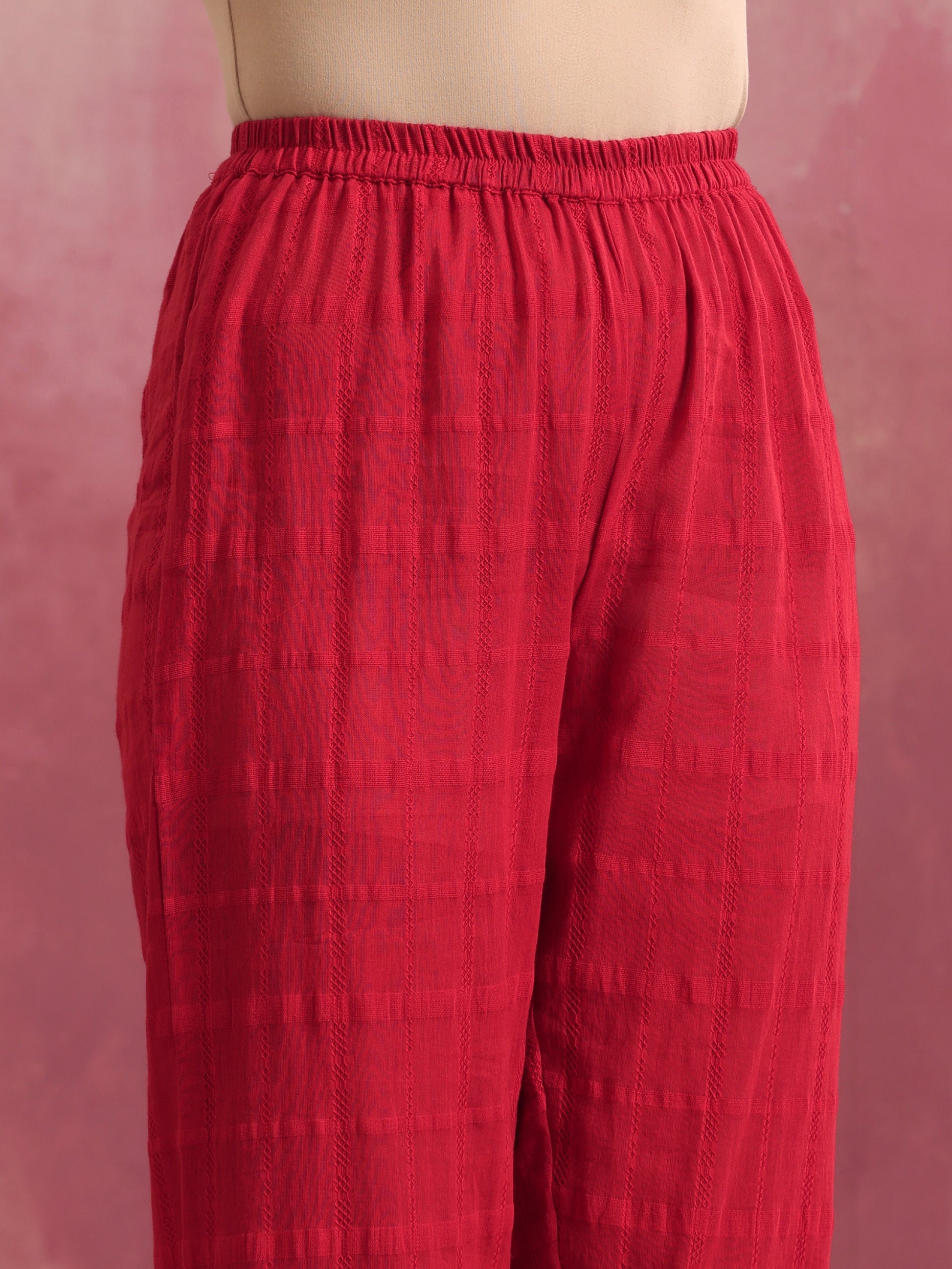 trueBrowns Red Cotton Dobby Flared Kurta Set | Swadesiicart