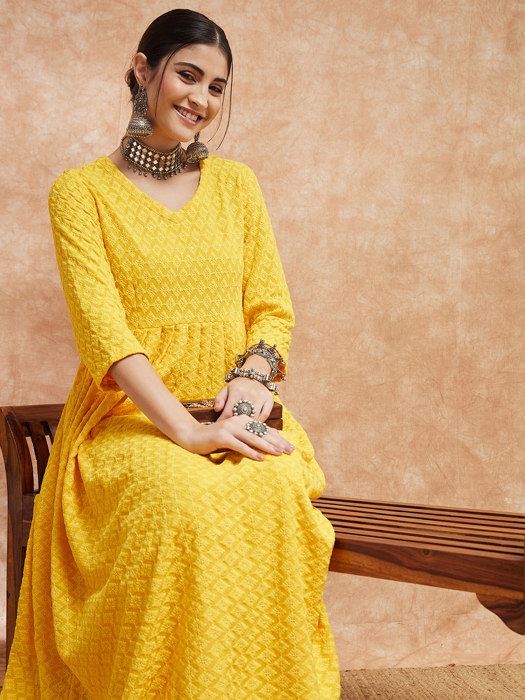 InWeave Women's Butter Yellow Chikankari Long Anarkali Kurta Sharara Set - Swadesiicart