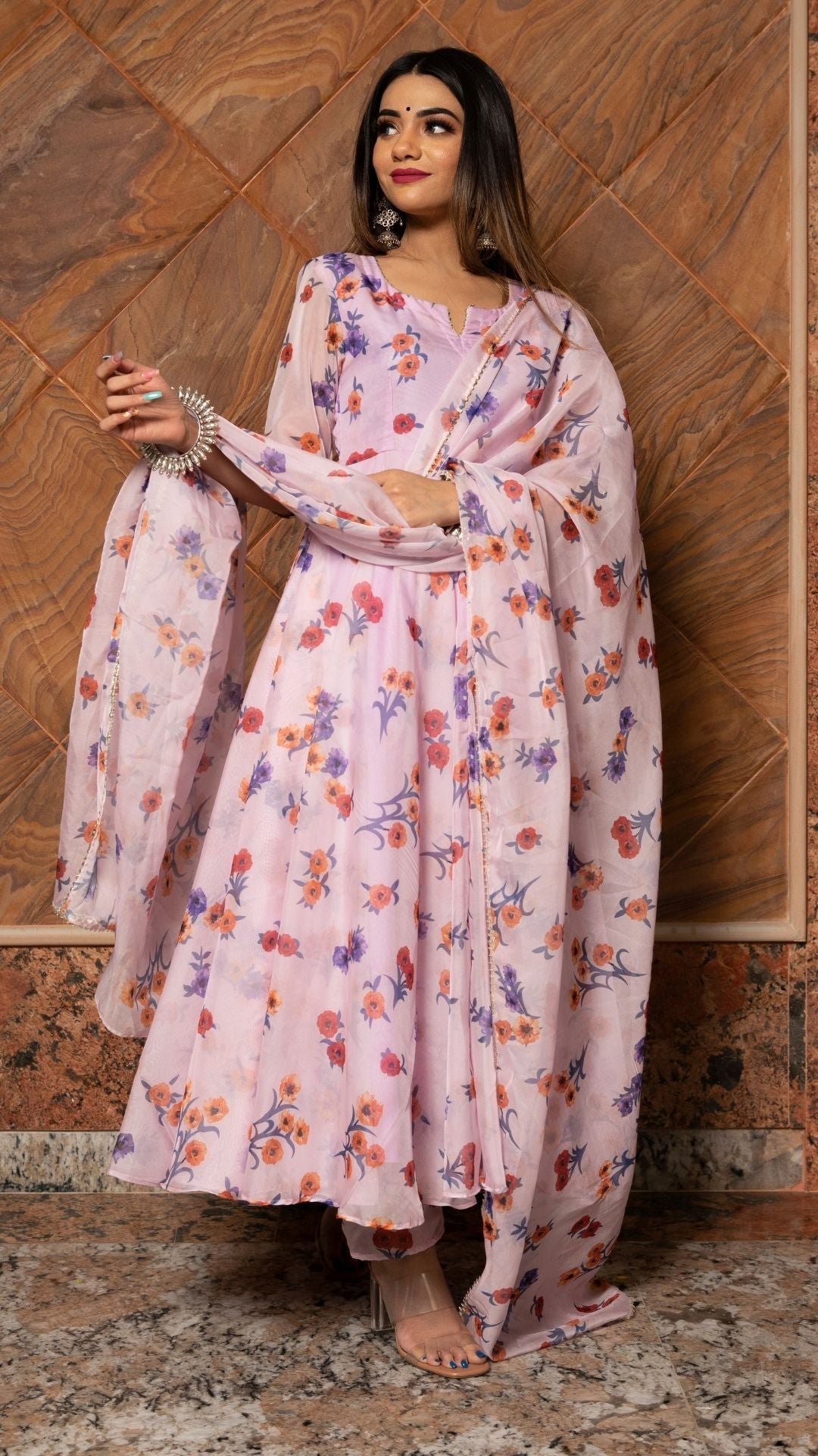 Pomcha Jaipur Lavender Gangaur Printed Organza Anarkali | Swadesiicart