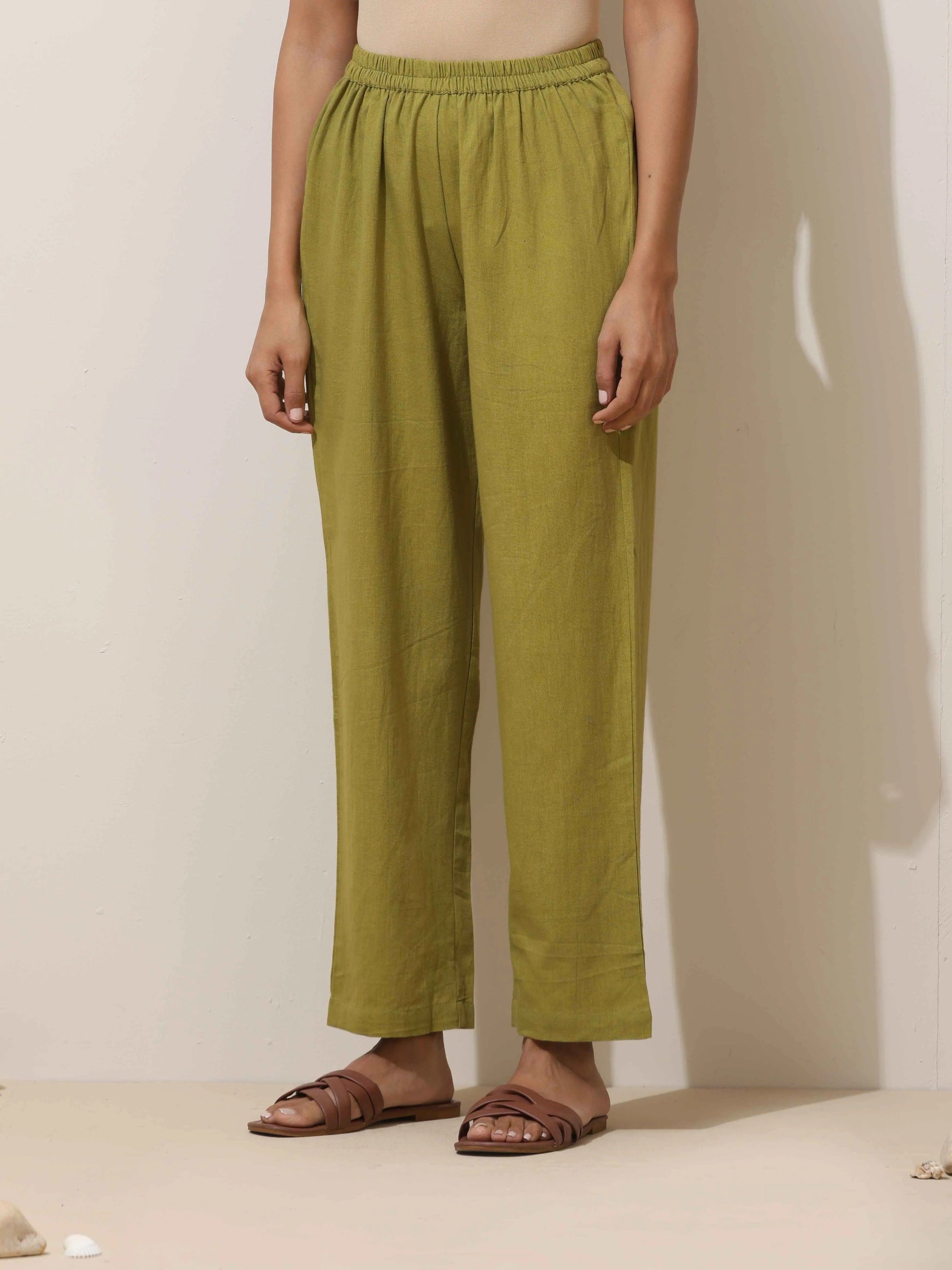 trueBrowns Pear Green Cotton Linen Kurta Pant Set | Swadesiicart