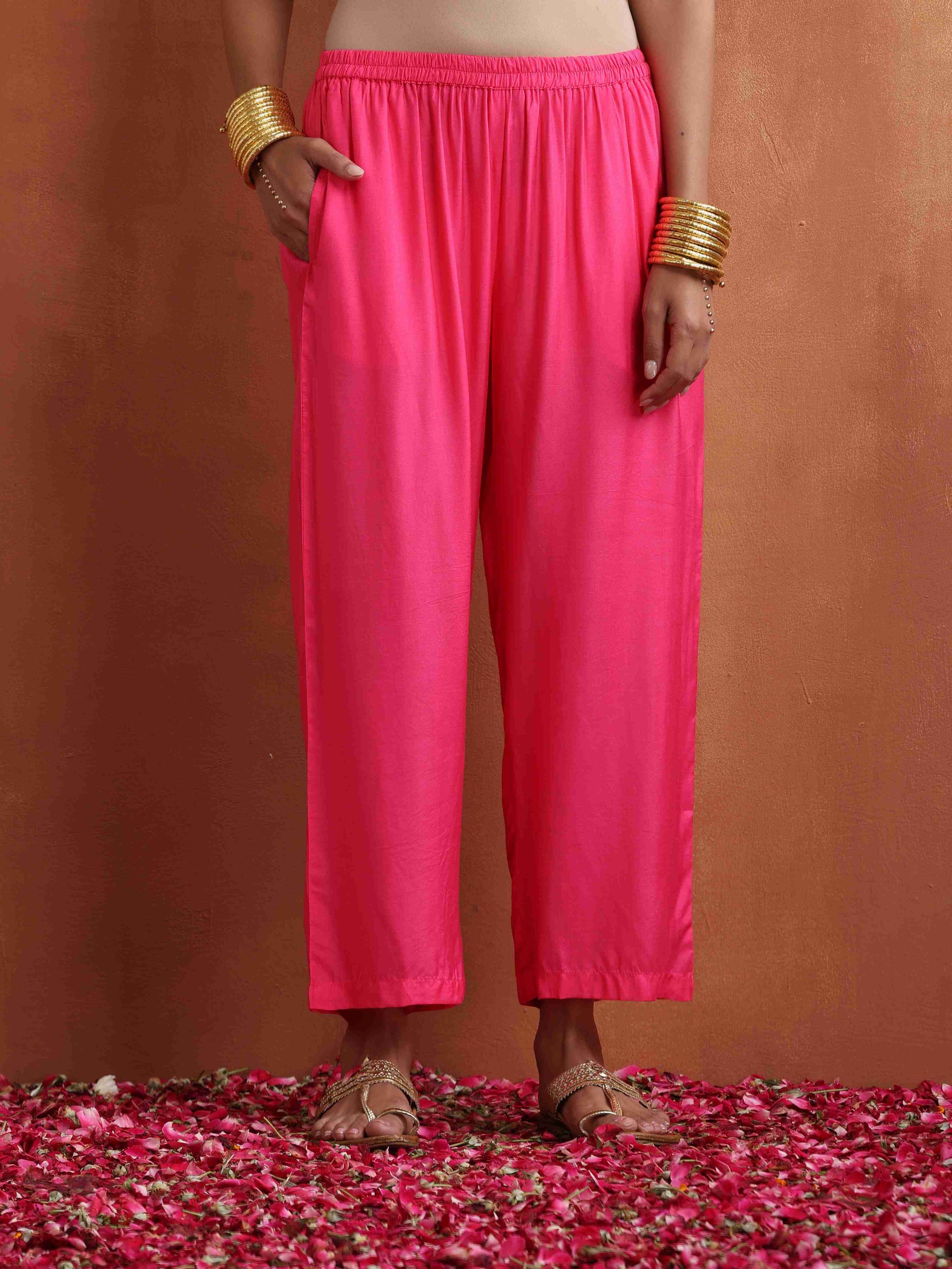 trueBrowns Pink Print High Slit Kurta Set | Swadesiicart