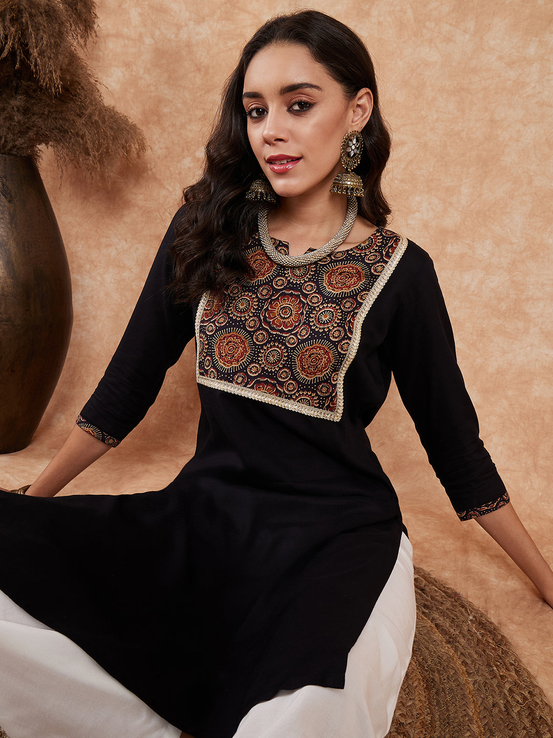 InWeave Women's Black Printed Neck Patch Work Straight Kurta - Swadesiicart
