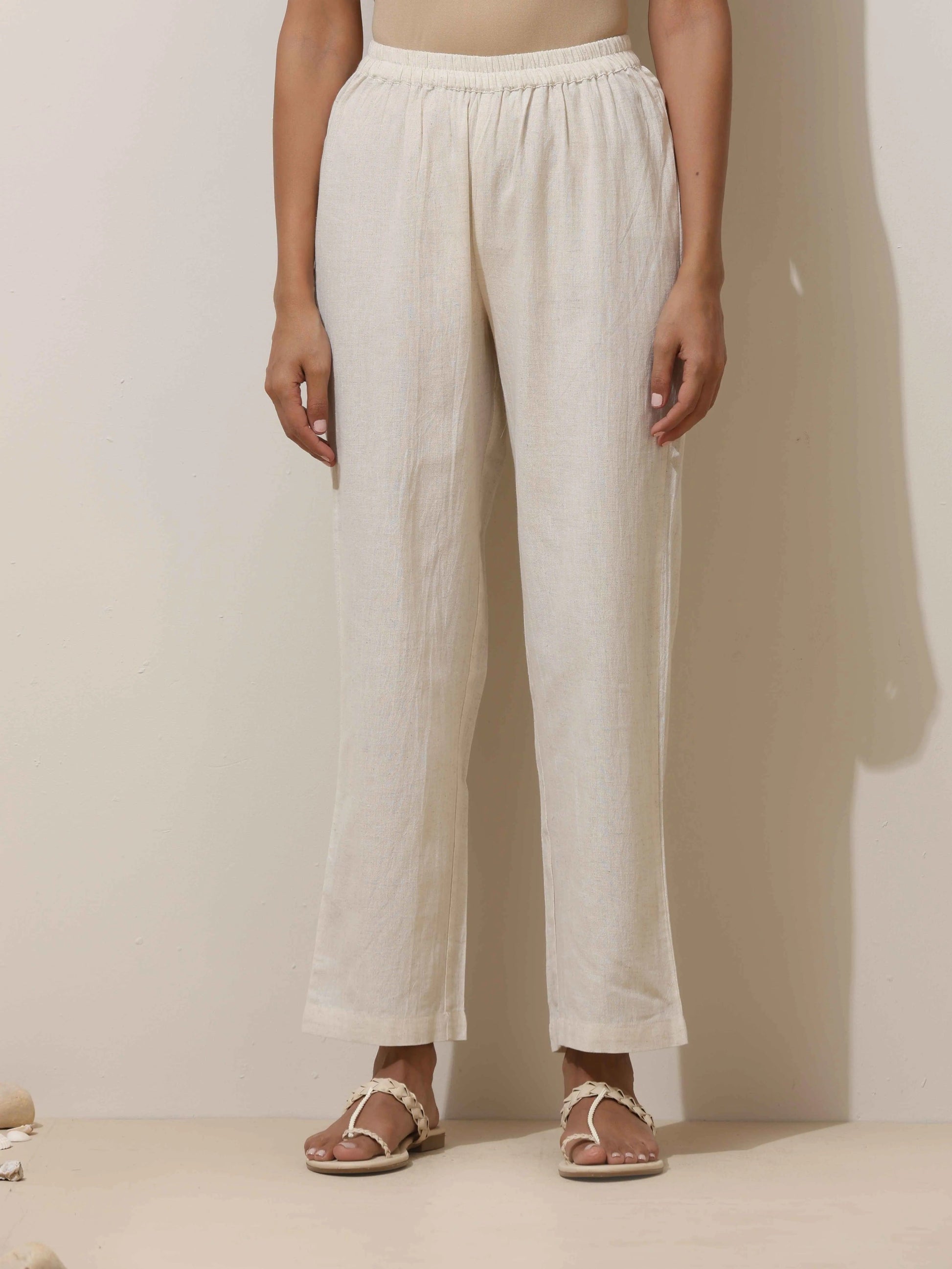 trueBrowns Off White Cotton Linen Angrakha Kurta Pant Set | Swadesiicart