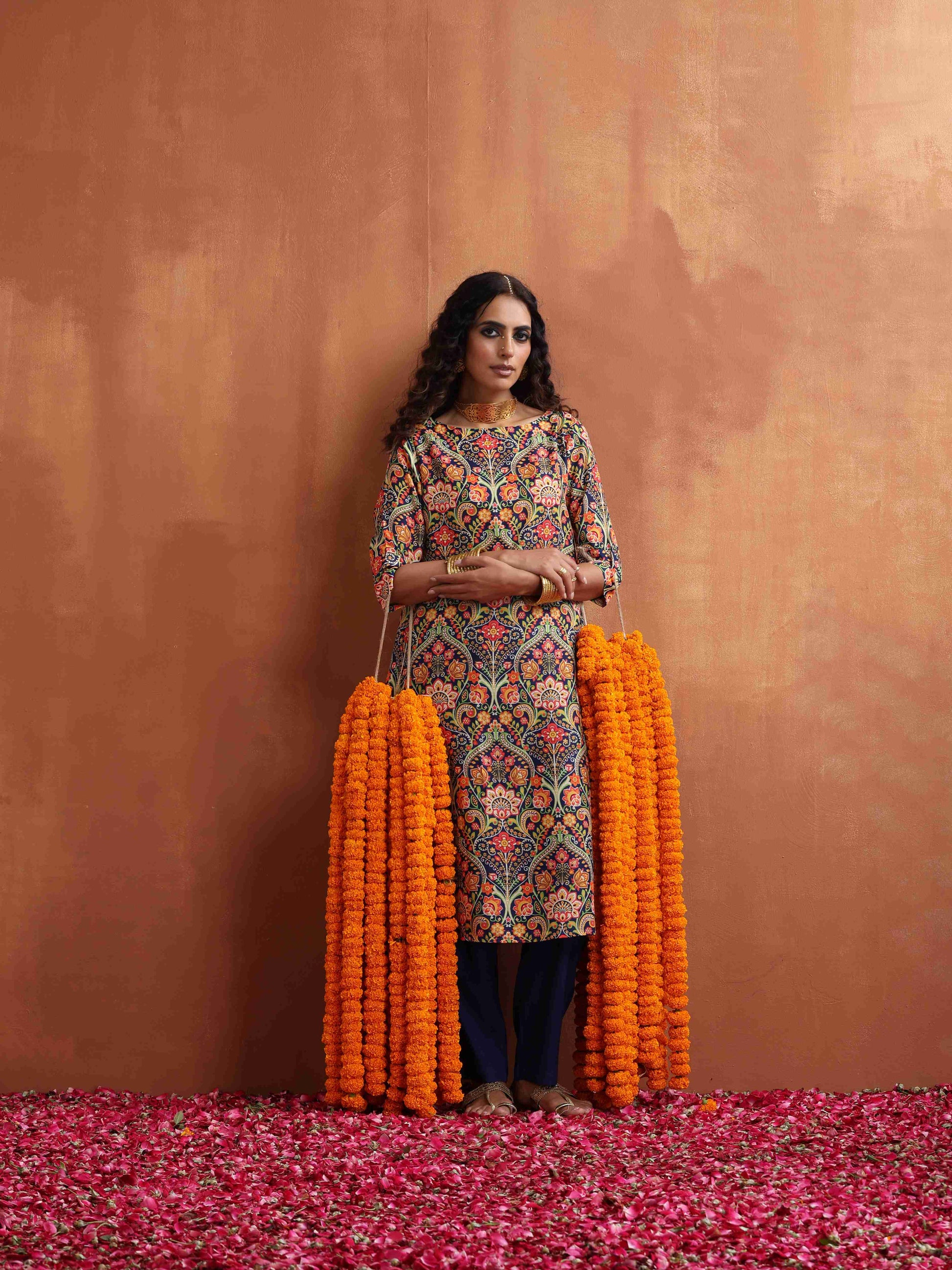 trueBrowns Blue Print A-line Kurta Set | Swadesiicart