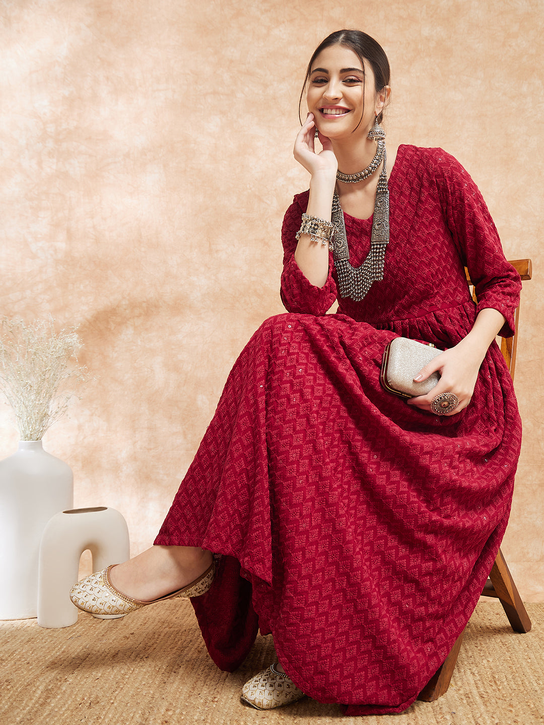 InWeave Women's Maroon Chikankari Long Anarkali Kurta Sharara Set - Swadesiicart