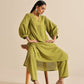 trueBrowns Fresh Green Dobby Puff Sleeve Kurta Pant Set | Swadesiicart
