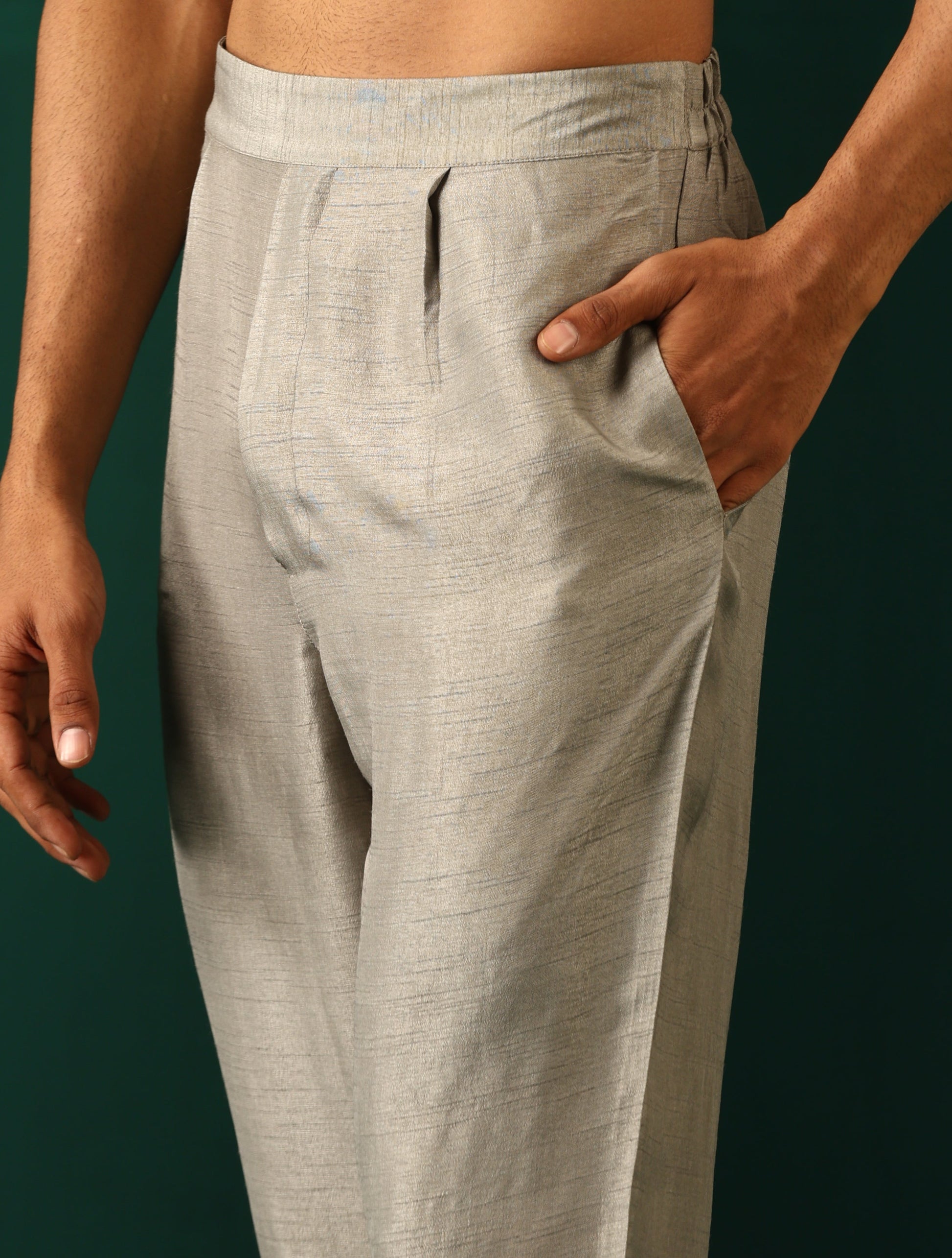 trueBrowns Men's Grey Silk Co-ord Set Yoke Detail - Swadesiicart