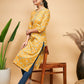 InWeave Women's Yellow Foil Print Gota Straight Kurta - Swadesiicart