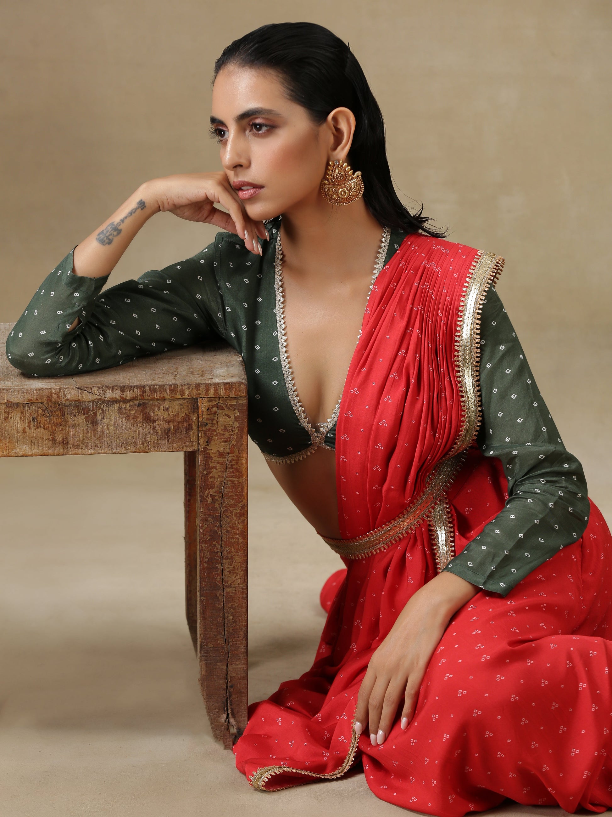 trueBrowns Red Bandhani Printed Silk Skirt Stitched Saree with Belt | Swadesiicart