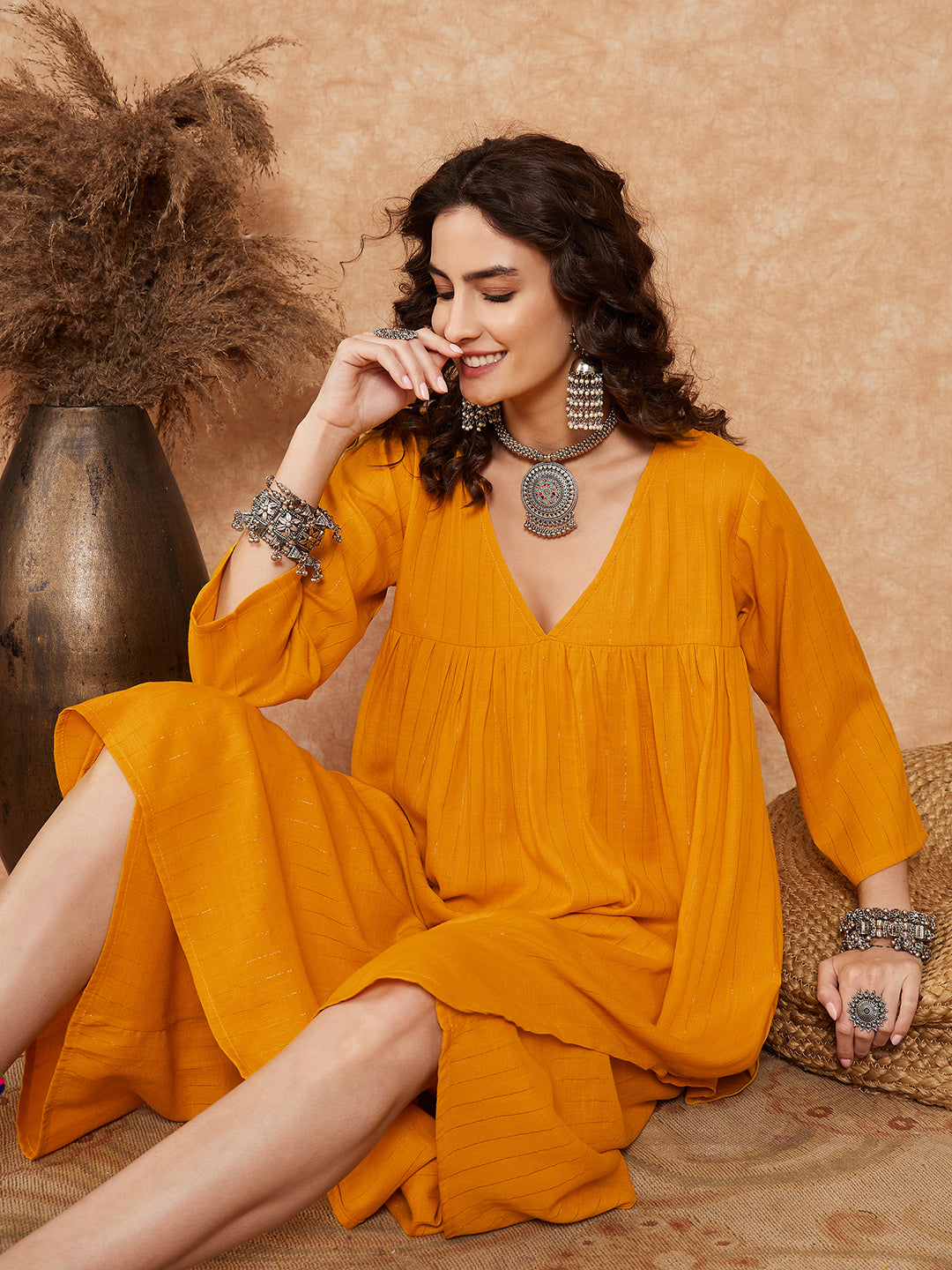 InWeave Women's Mustard Lurex Flared V Neck Kurta Palazzo Set - Swadesiicart
