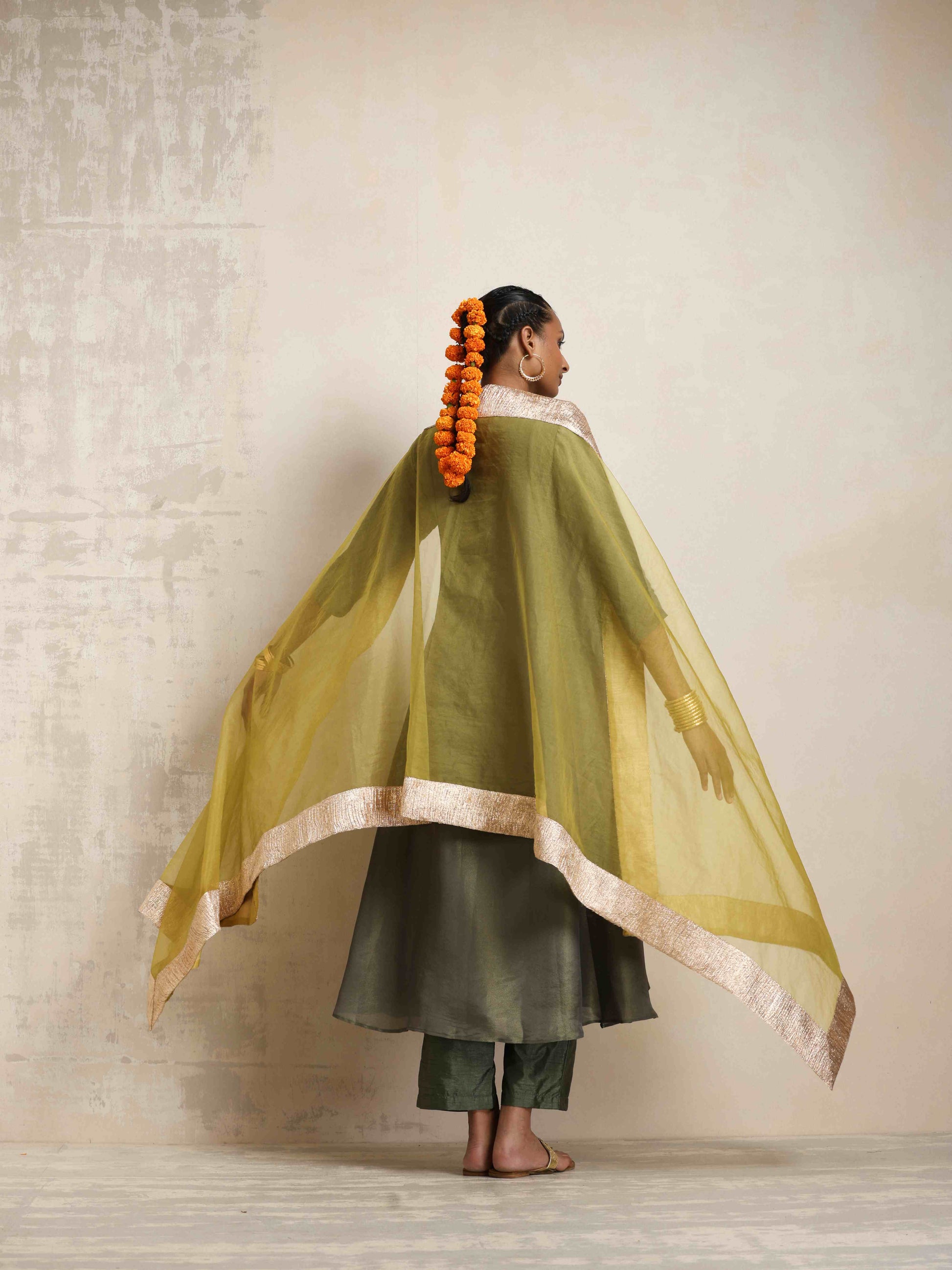 trueBrowns Green Tissue Anarkali Kurta Dupatta Set | Swadesiicart