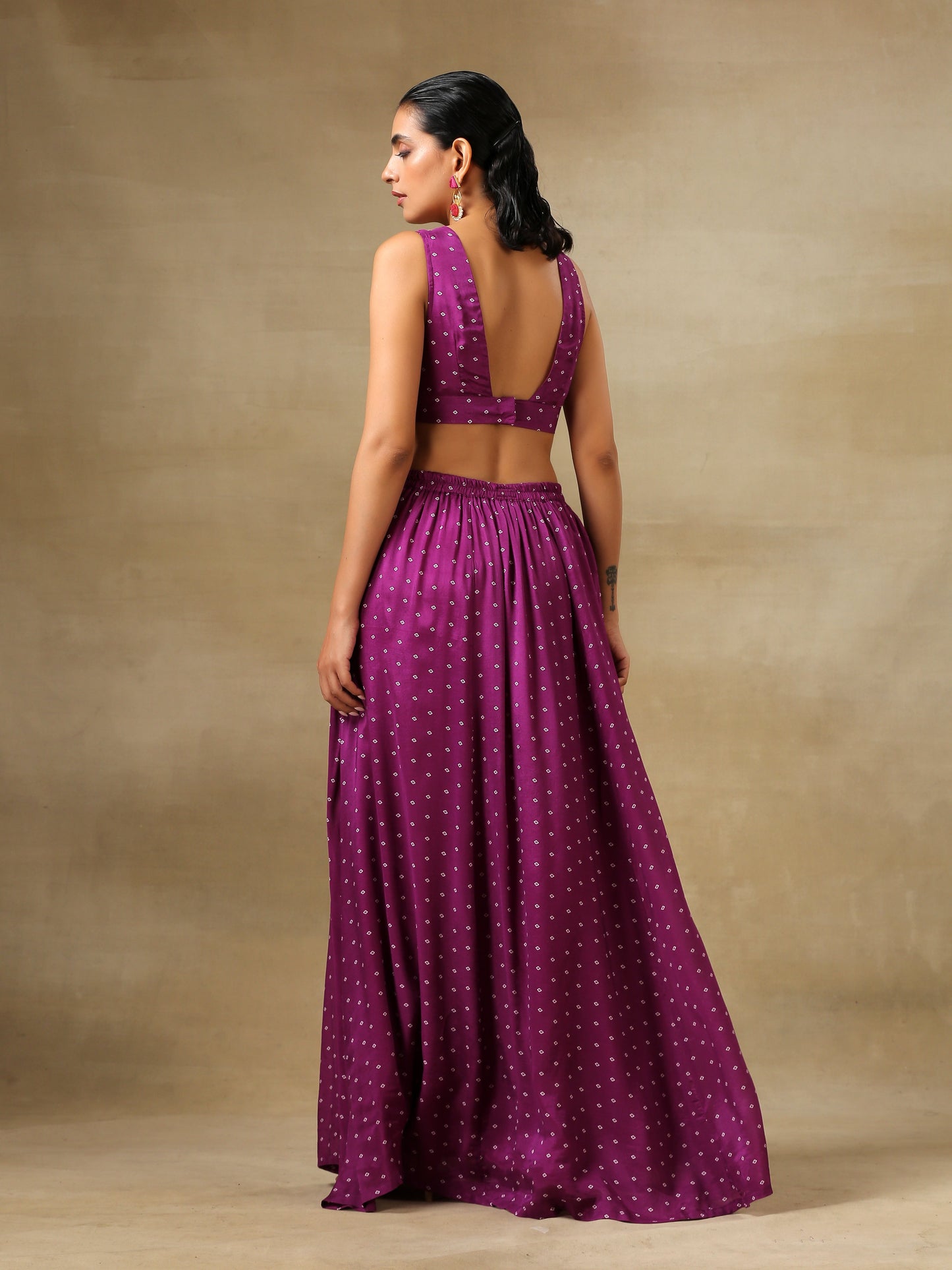 trueBrowns Purple Bandhani Printed Silk Top Skirt Jacket Set | Swadesiicart