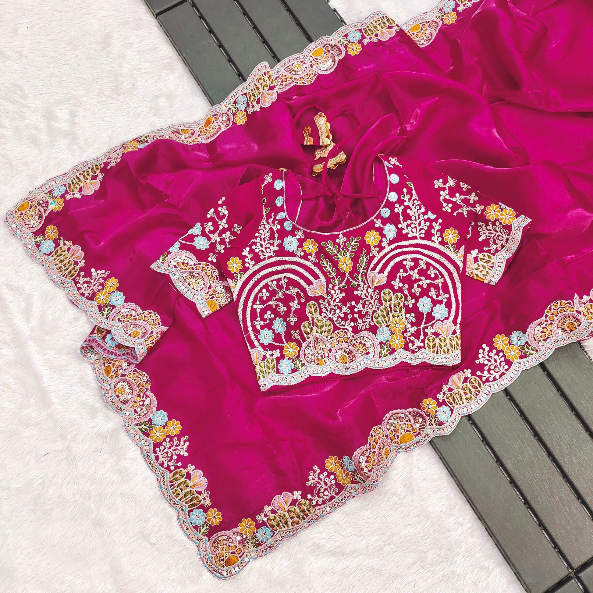 Lorenvalley Fashion Magenta Jimmy Choo with Embroidery Threads Codding & Sequins Work Saree with Blouse - Swadesiicart