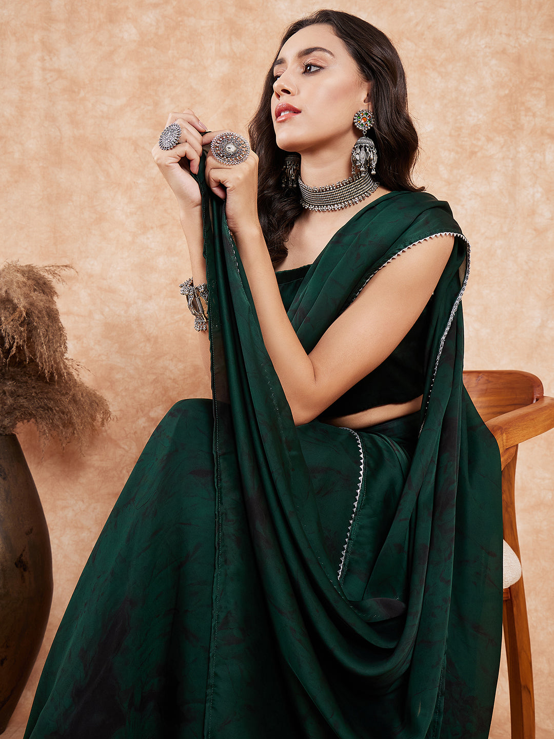InWeave Women's Dark Green Black Gota Skirt Saree - Swadesiicart