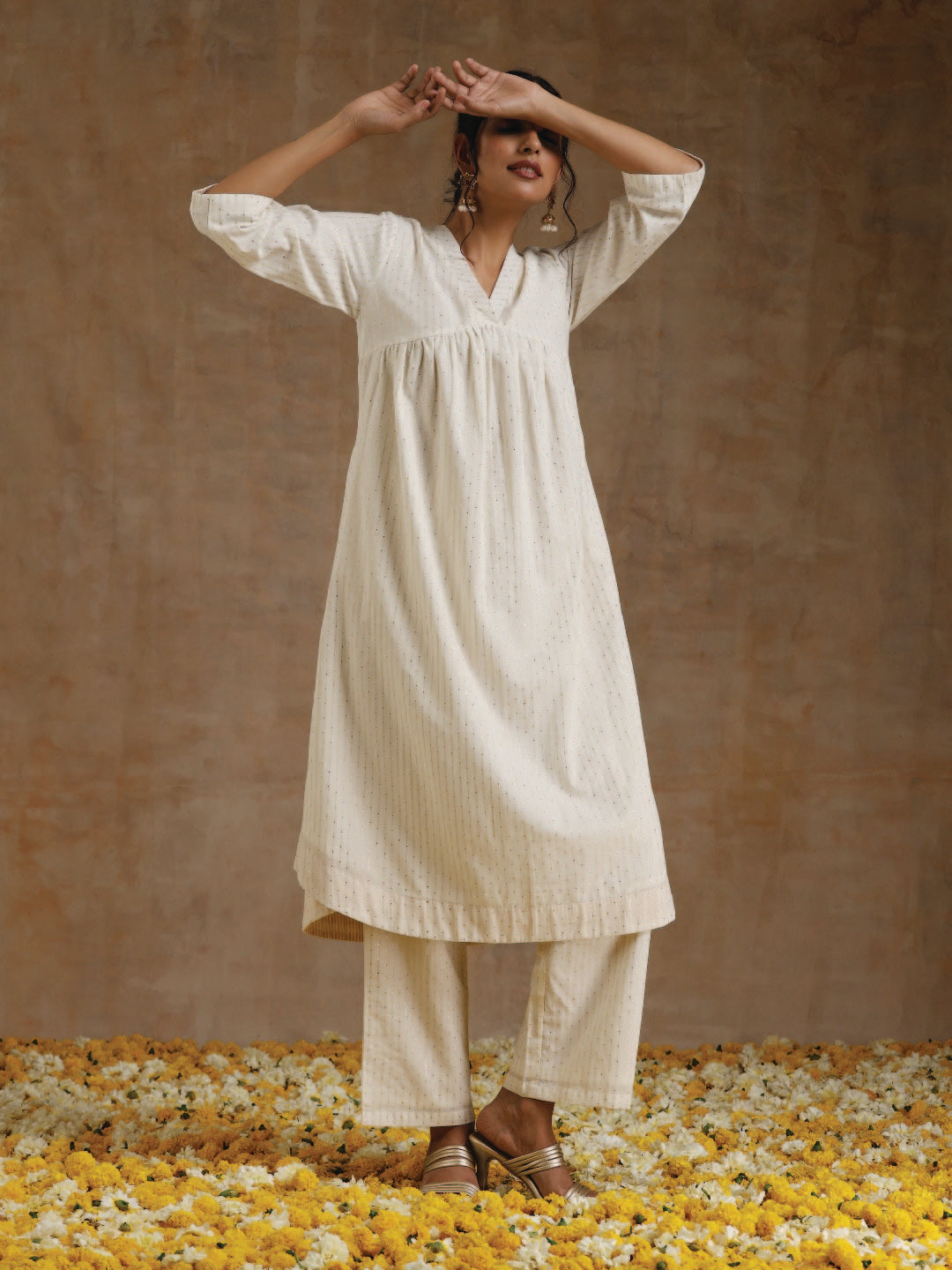 trueBrowns Ivory Gold Cotton Flared Kurta Set | Swadesiicart