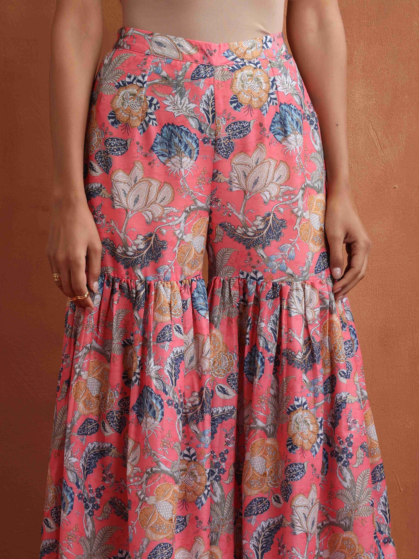 trueBrowns Orange Print Sharara Set | Swadesiicart