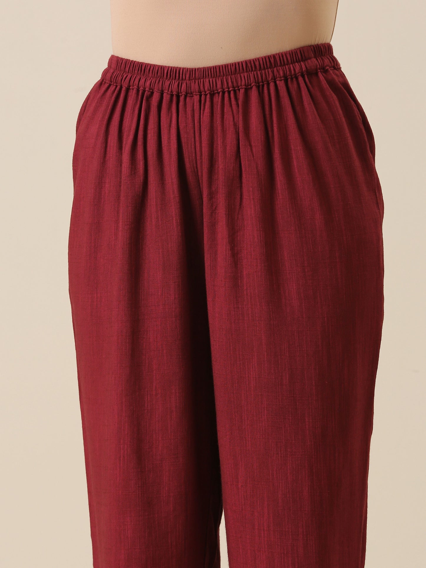 trueBrowns Ruby Wine Slub Texture High Low Kaftan Pant Set | Swadesiicart