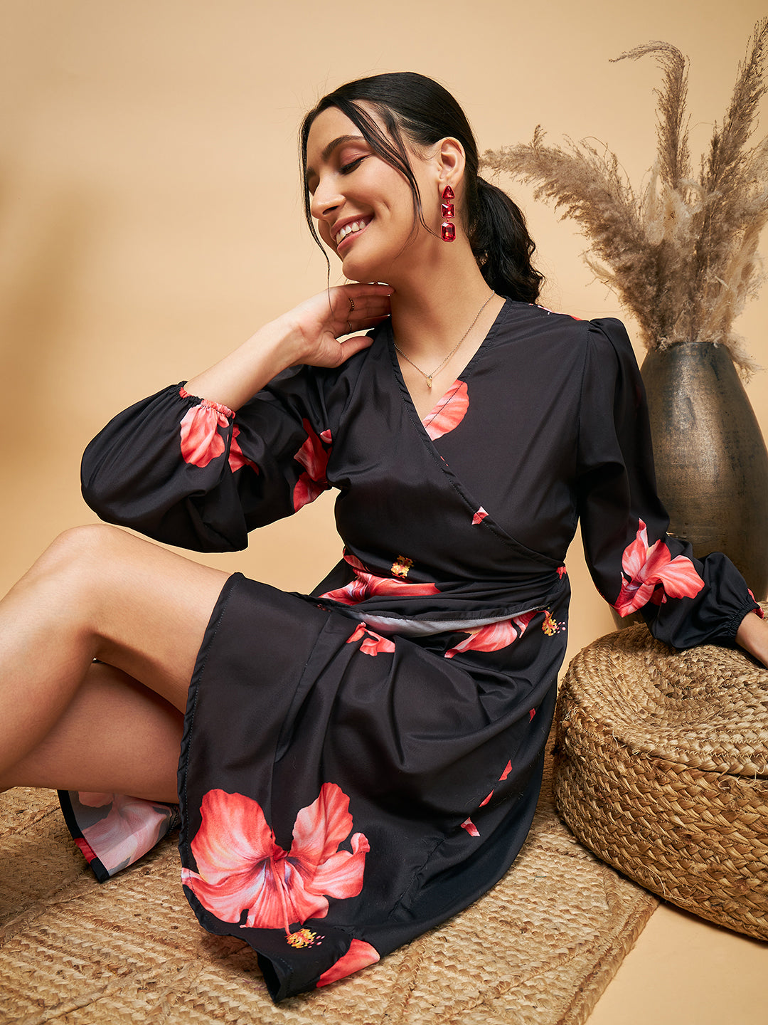 InWeave Women's Black Red Big Flower Belted Dress - Swadesiicart
