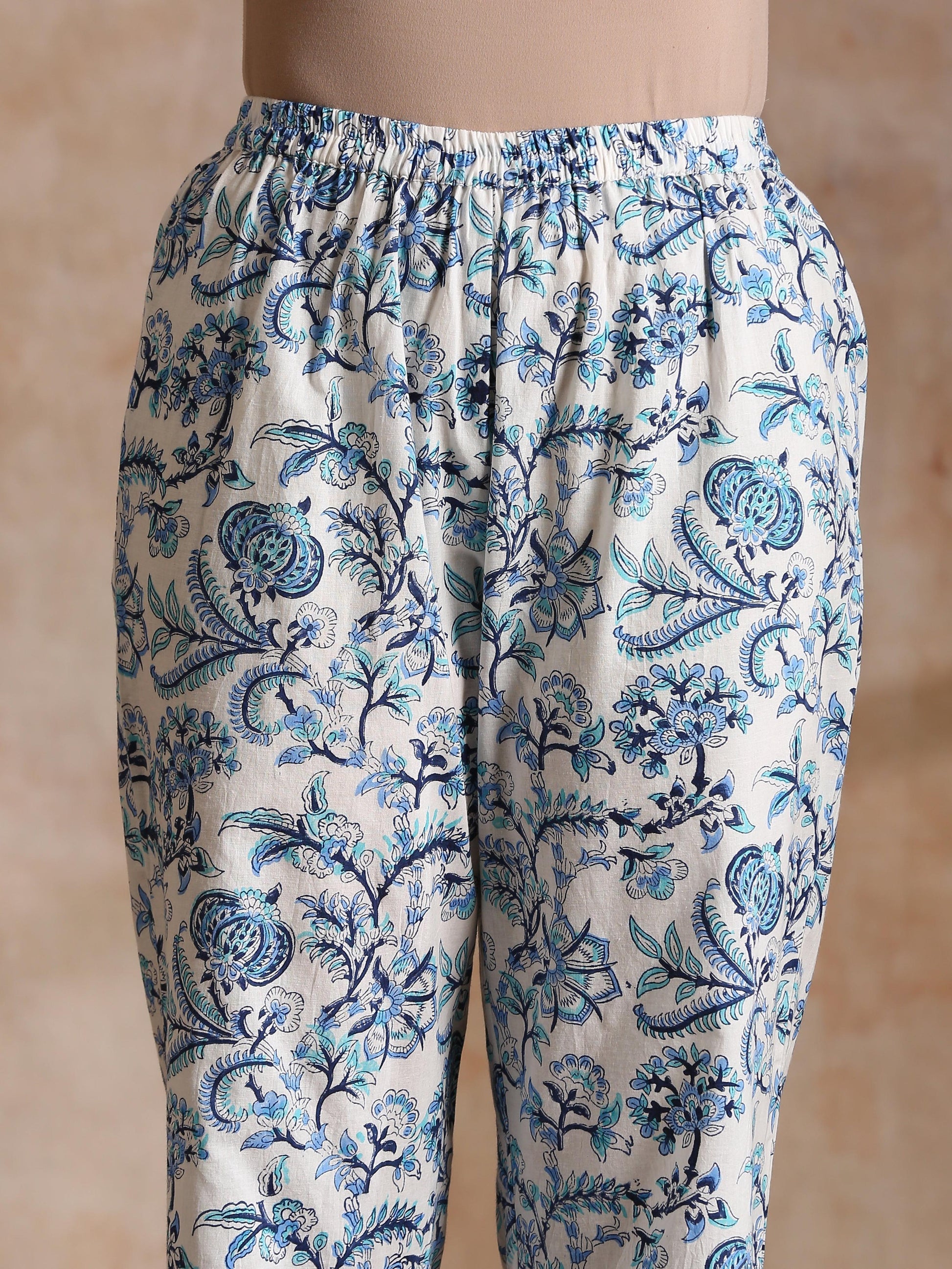 trueBrowns White With Overall Blue Print Cotton Angrakha Kurta Pant Set | Swadesiicart