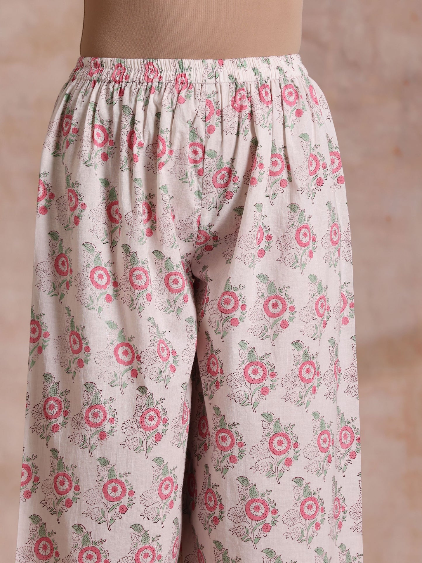 trueBrowns Pink Green Buta On White Block Print Cotton High-Low Co-Ord Set - Swadesiicart