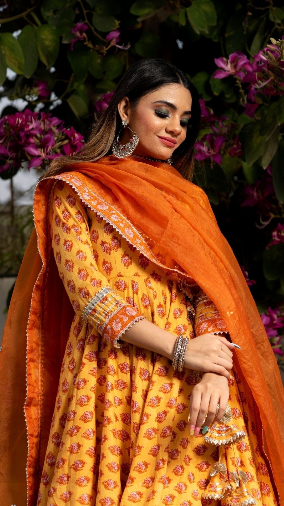 Pomcha Jaipur Mehar Light Brown Hand Block Anarkali Set | Swadesiicart