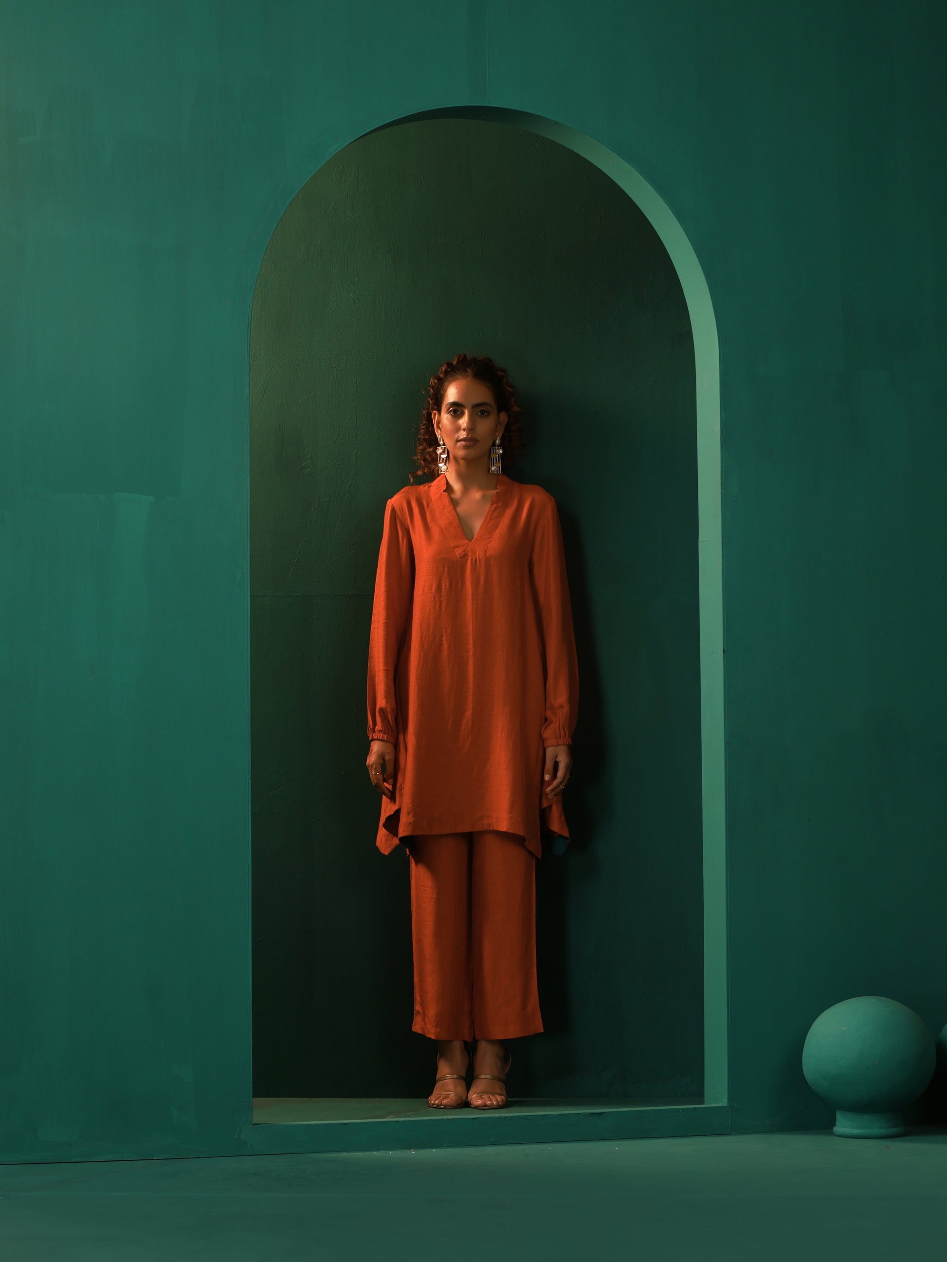 trueBrowns Rust Silk Collar Co-ord Set - Swadesiicart