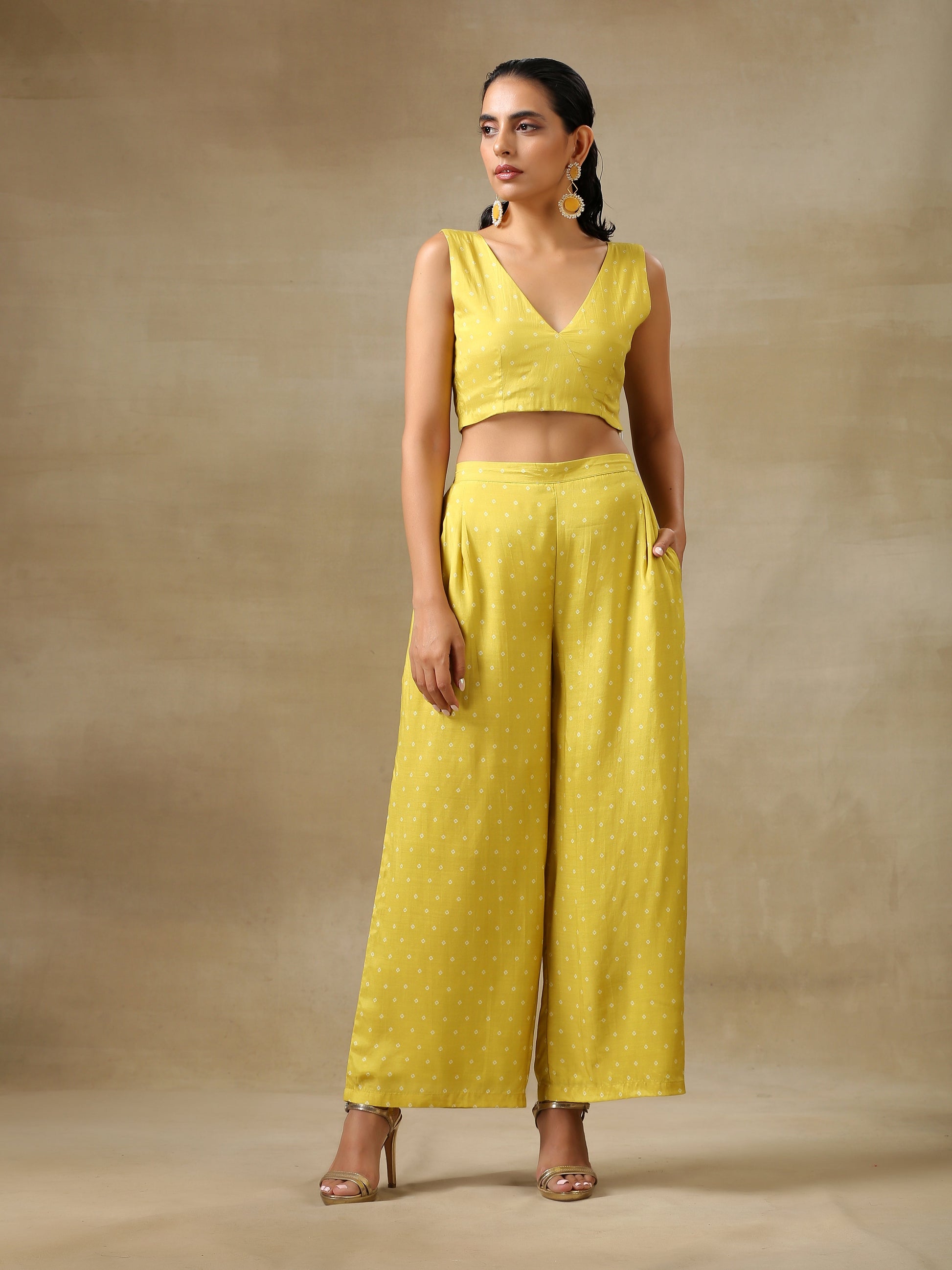 trueBrowns Lime Green Bandhani Printed Silk Top Pant with Purple Printed Jacket Set | Swadesiicart