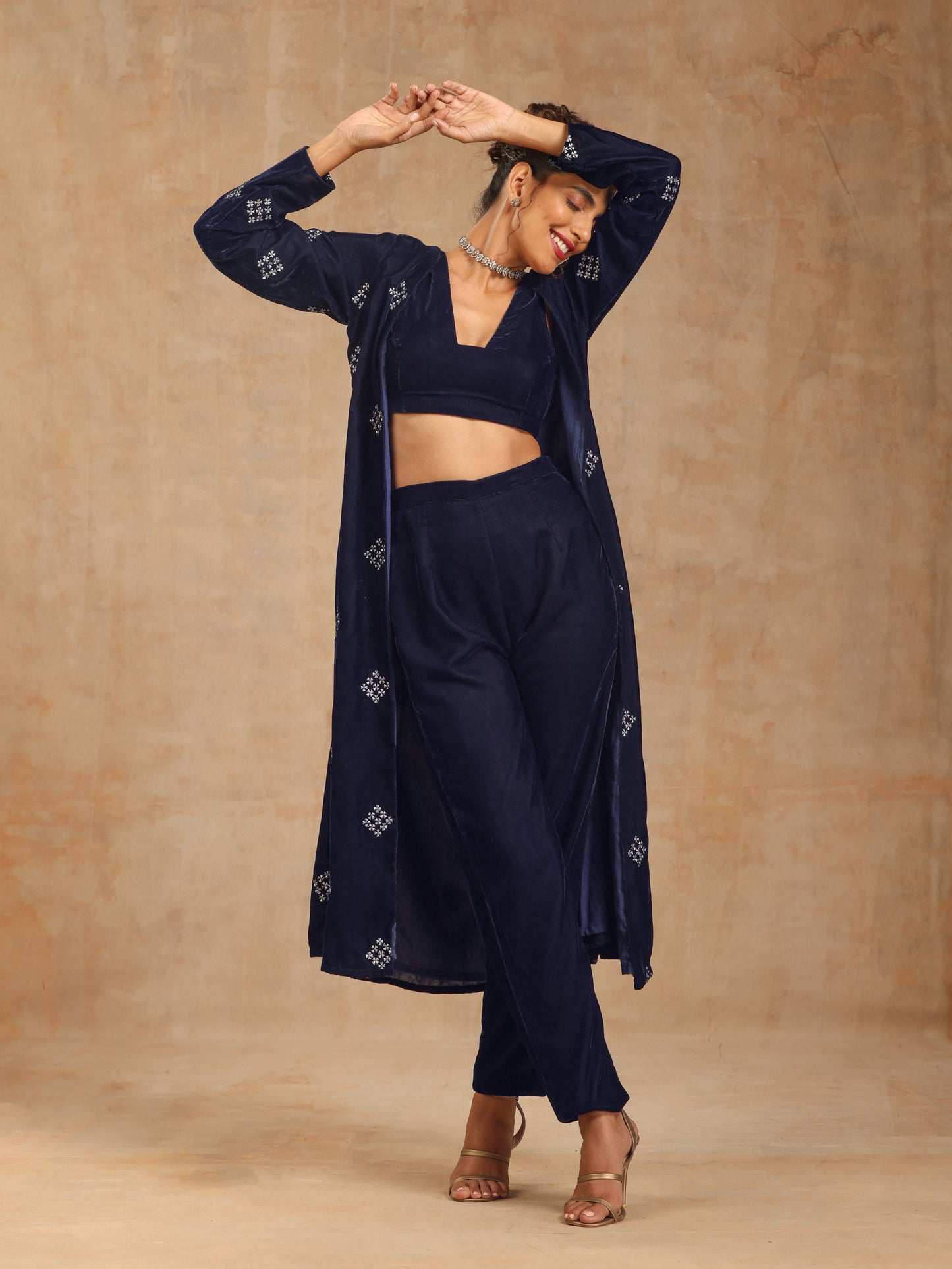 trueBrowns Midnight Blue Velvet Embroidered Jacket Set | Swadesiicart