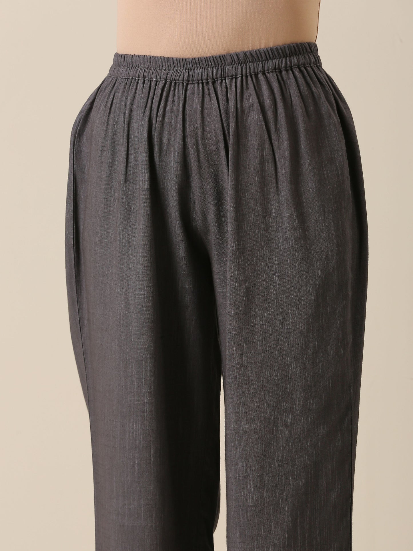 trueBrowns Slate Grey Slub Texture Overlap Pleat Kurta Pant Set | Swadesiicart