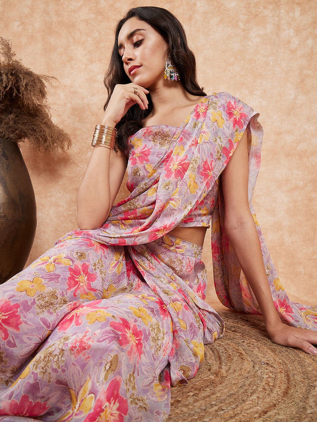 InWeave Women's Pastel Mauve Hibiscus Floral Skirt Saree - Swadesiicart