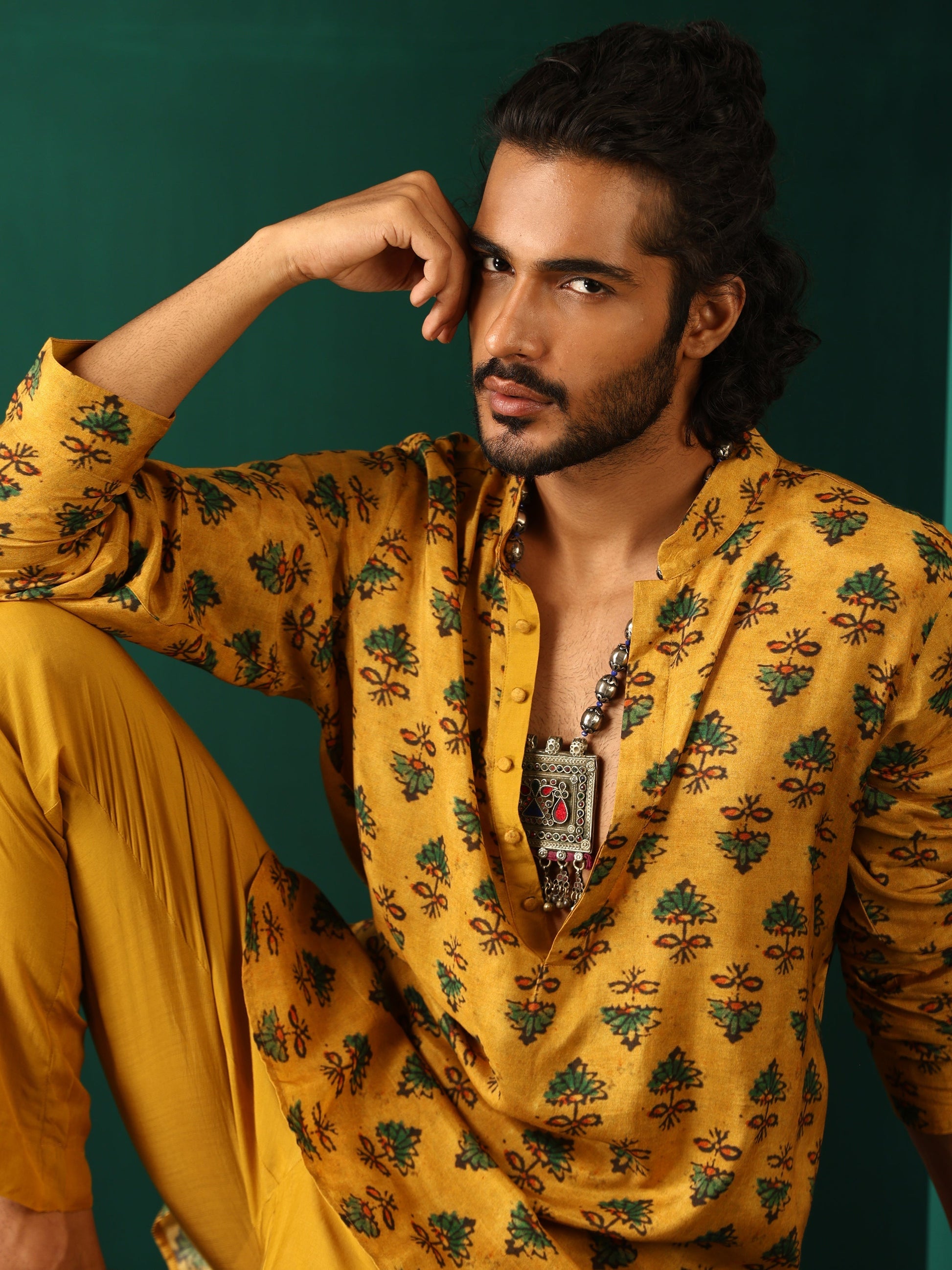 trueBrowns Men's Mustard Flower Stem Muslin Silk Printed Co-ord Set - Swadesiicart