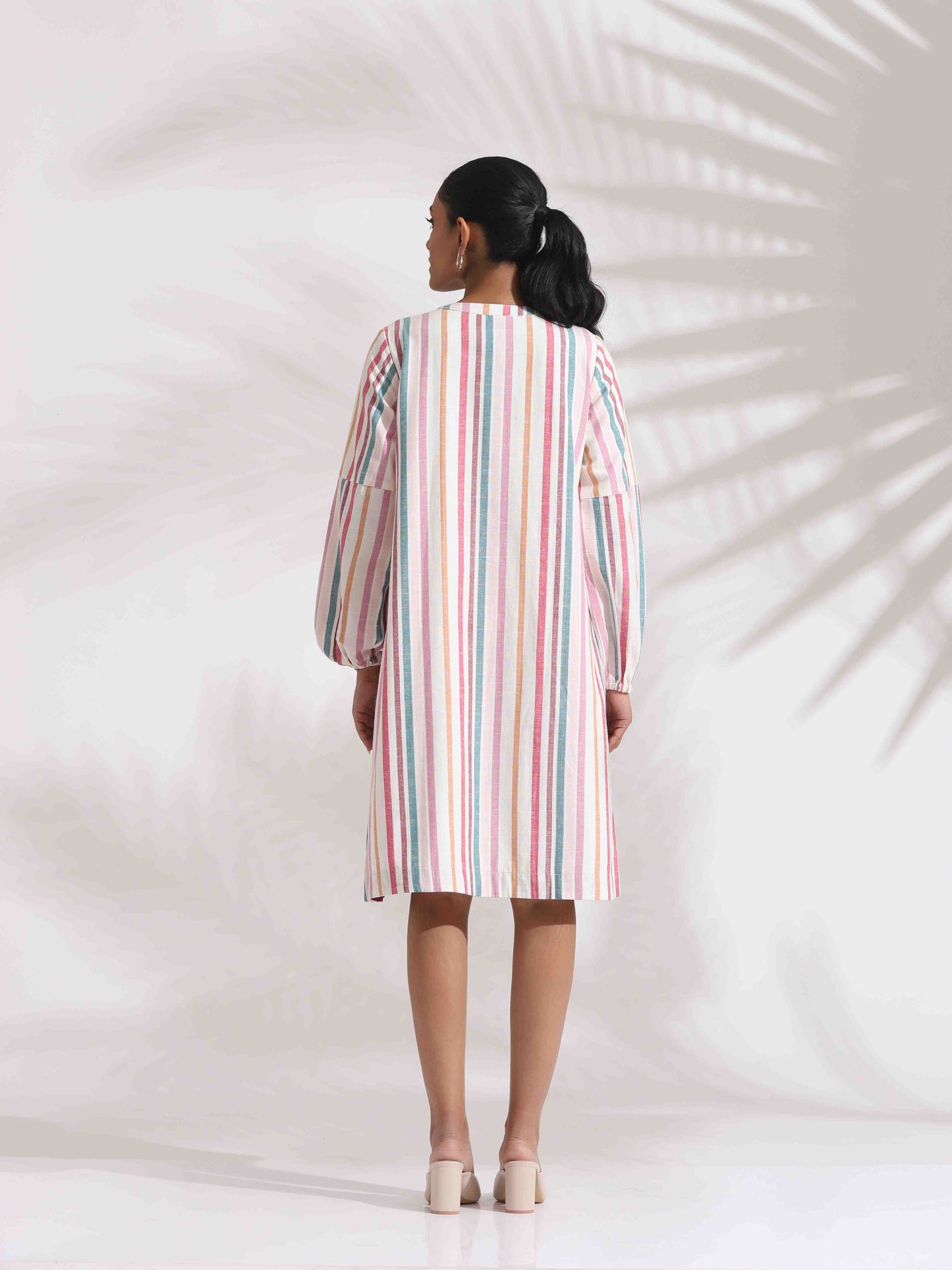 trueBrowns Off-White Cotton Multi Stripe Short Dress | Swadesiicart