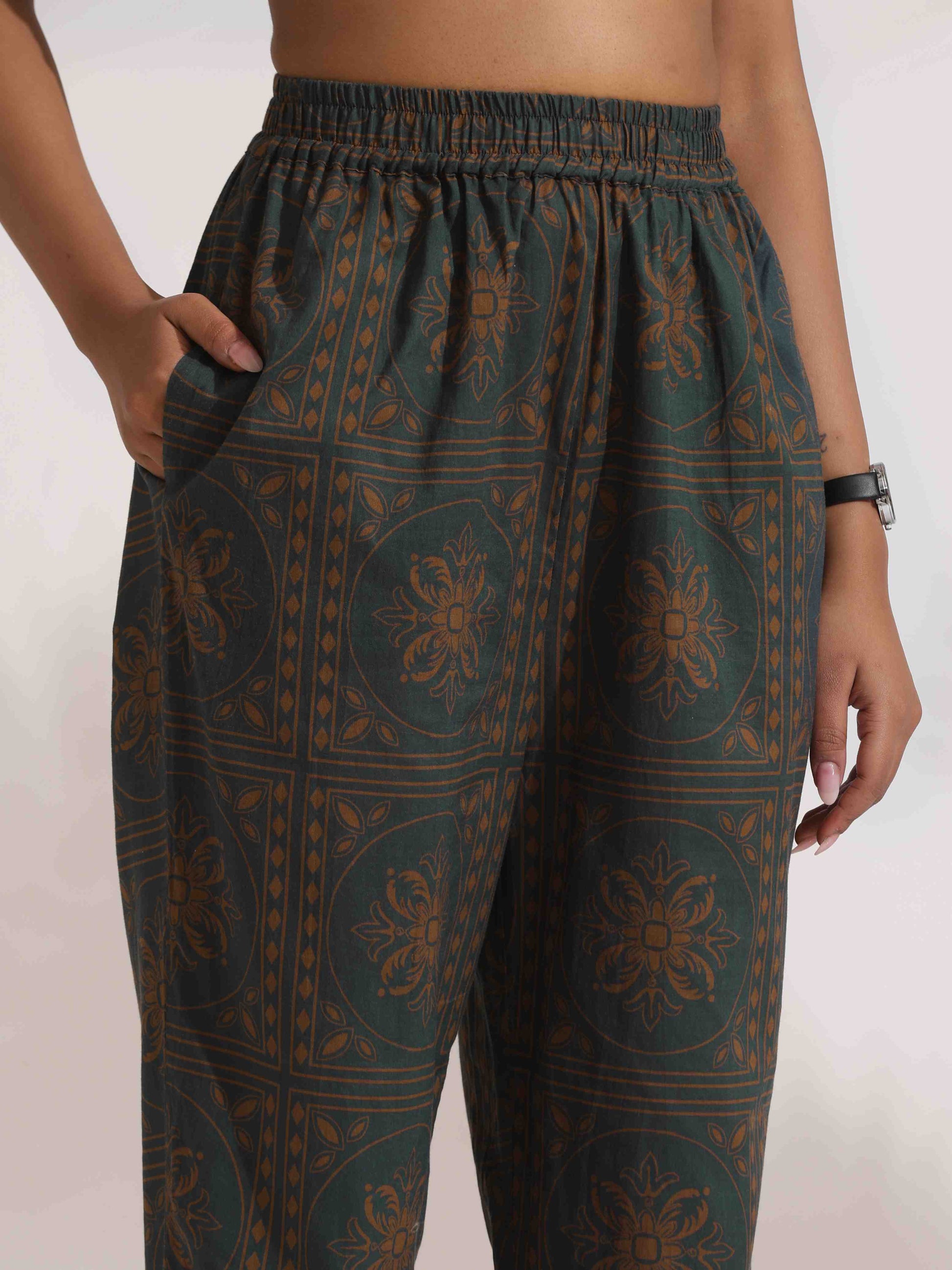 trueBrowns Green Cotton Print Shirt Top & Pants Co-ord Set - Swadesiicart